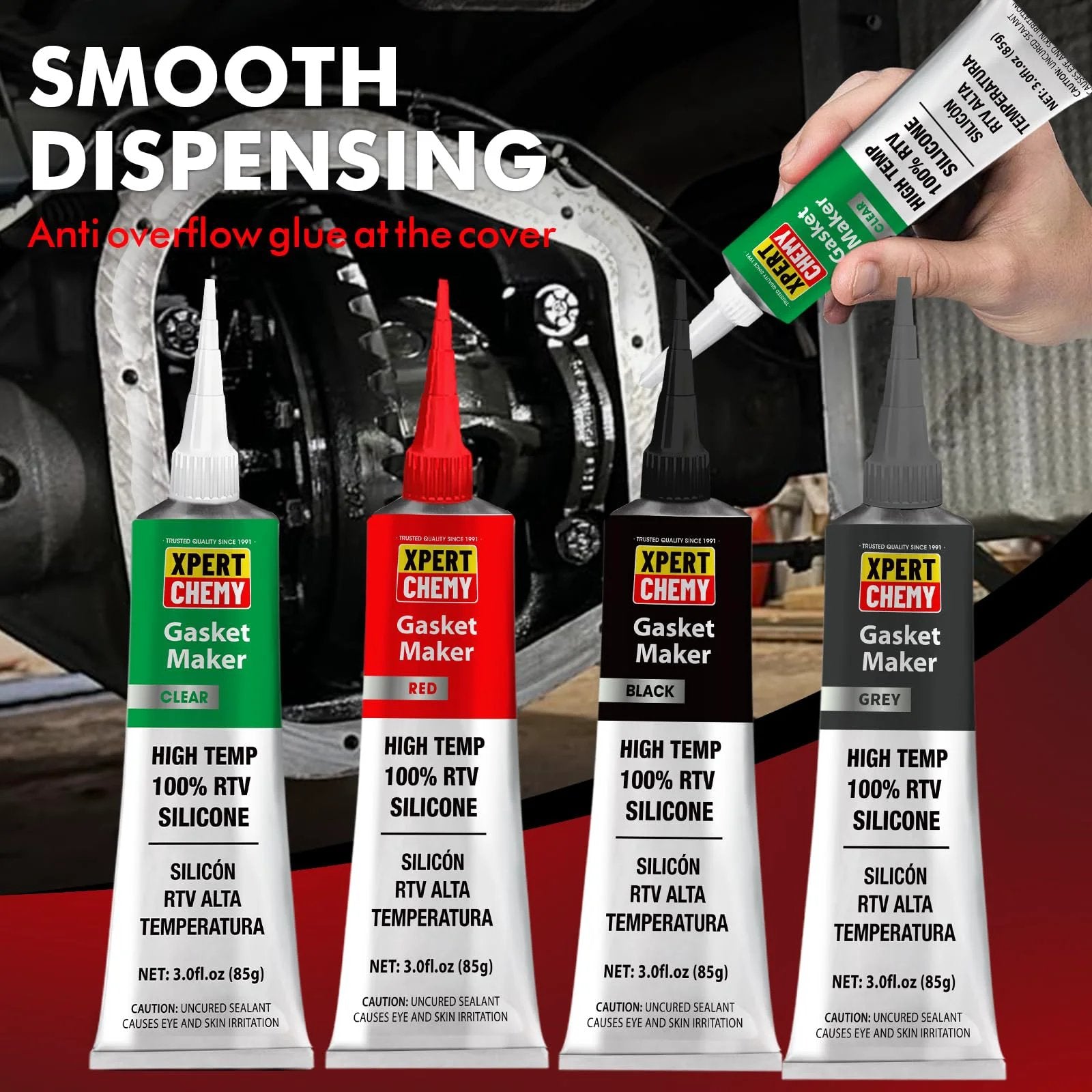 Four tubes of RTV Silicone Gasket Maker for Automotive High Temp Sealant in various colors with dispensing nozzle shown in use.
