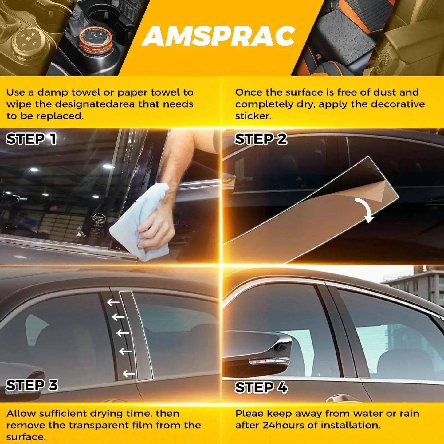 Installation guide for Chevrolet Malibu Door Pillar Trim Covers 2016 To 2021 Glossy Black 6Pcs showing step-by-step process with images.