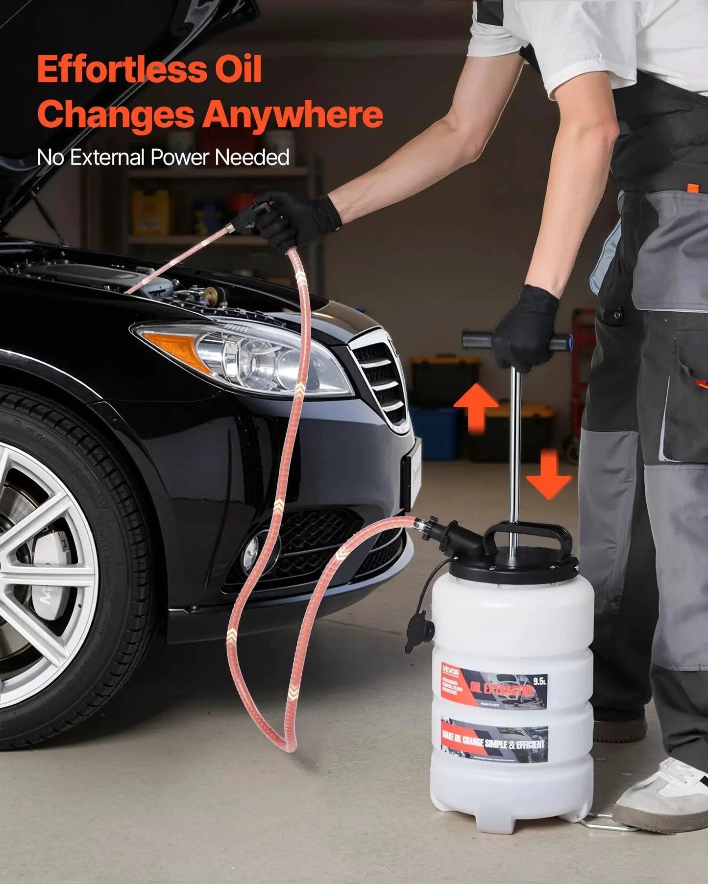 9.5 L Manual Oil Change Fluid Extractor Pump With Long Hose And Extension Tubes in use during vehicle oil change
