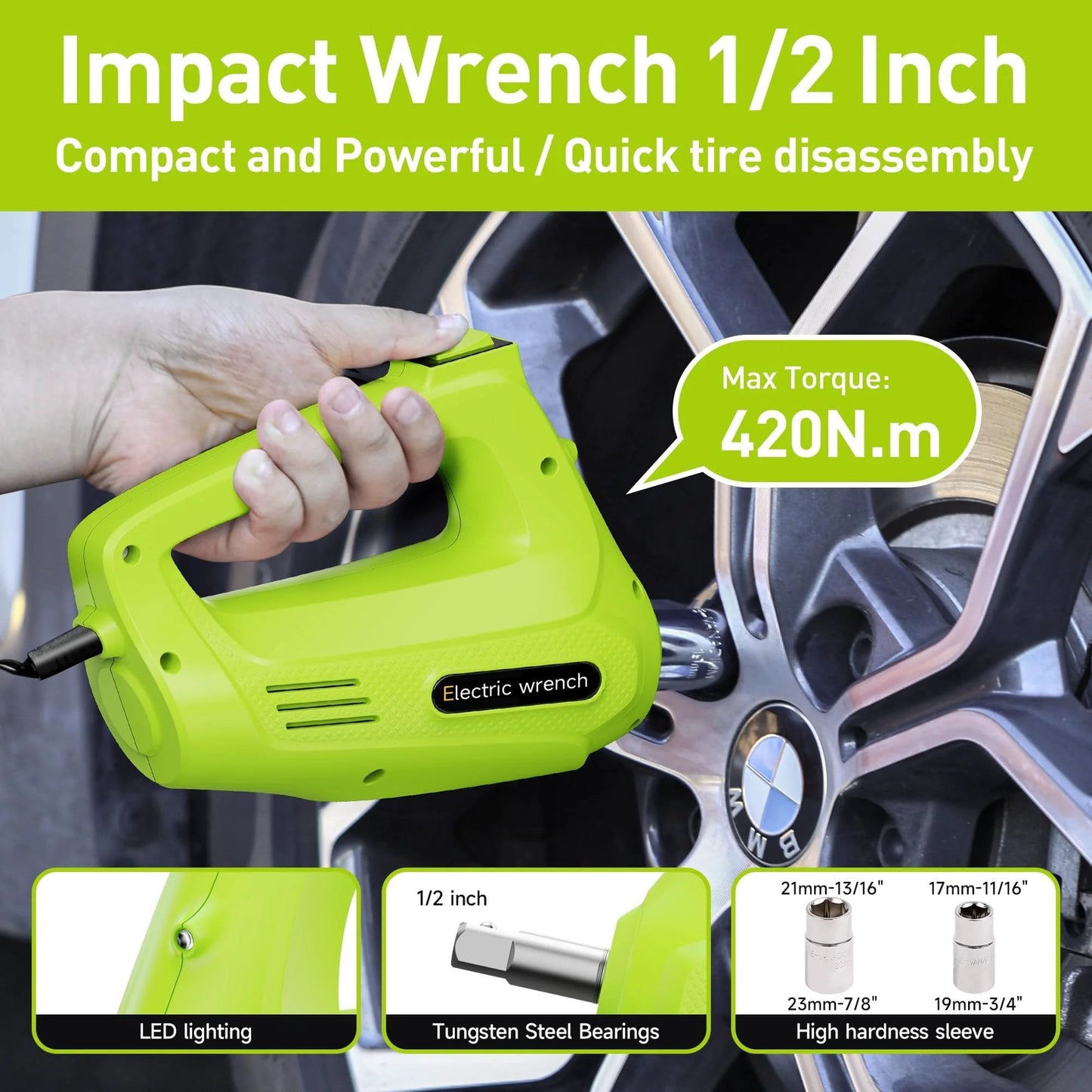 Impact Wrench being used on tire with focus on Electric Car Jack Kit 5T 12V Hydraulic Tire Jack With Dual Cylinder Air Pump LCD Touch Screen And Impact Wrench Portable Car Lift For Fast Tire Changes And Reliable Roadside Emergencies