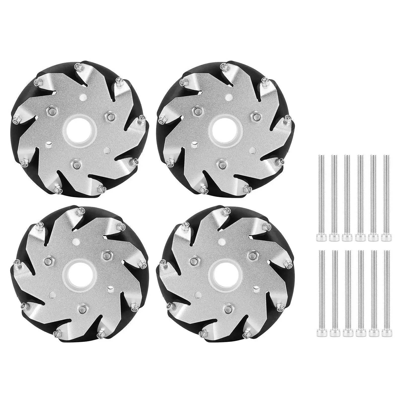 Mecanum Wheel Set Four 100mm Durable Steel Aluminum Frame Mecanum Wheels With Grippy Rubber Rollers For Robot Cars And RC Cars