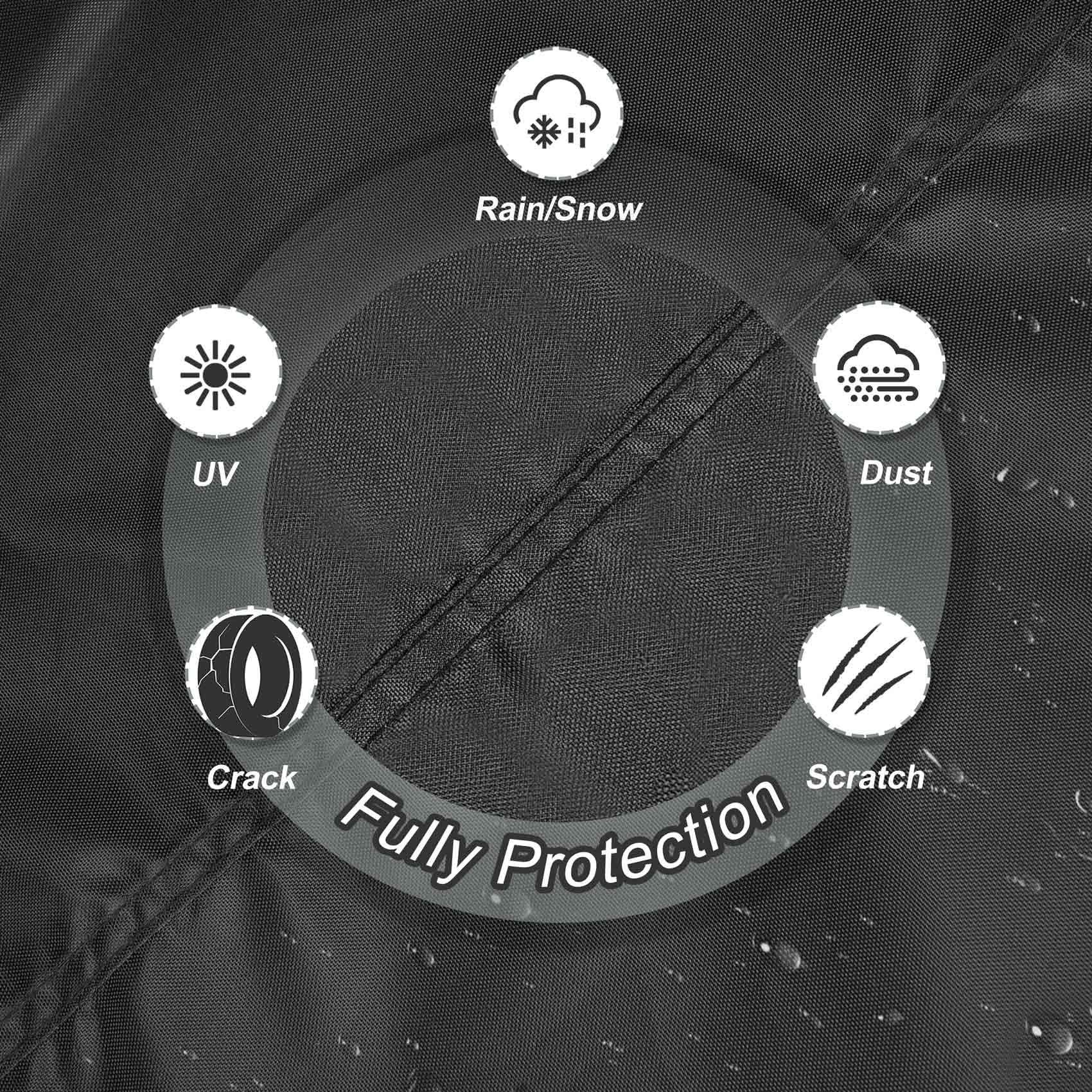 Material detail of the Seasonal Tire Covers Bag Set With Handles For Spare Tires By Explore Land showing protection icons against weather elements.