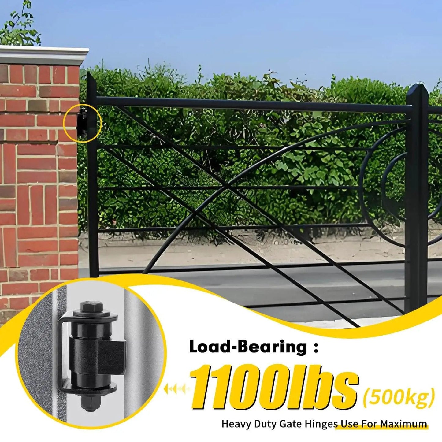 Close-up of metal driveway gate with Heavy Duty Weld On Gate Hinges 4 Pack Adjustable Sealed Bearing Swing Gate Hardware
