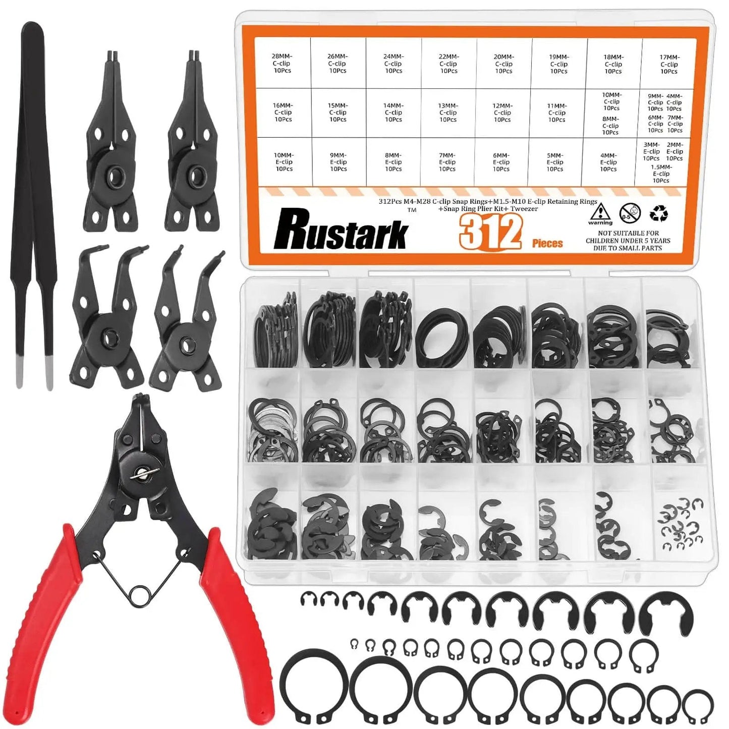 All in One 4 in 1 Snap Ring Pliers Set With E Clip And C Clip Retaining Rings Kit 312 Piece Includes M1.5 To M10 E Clips And M4 To M28 C Clips Plus Tweezers For Auto DIY And Handyman Projects showing pliers, clips, and tweezers.