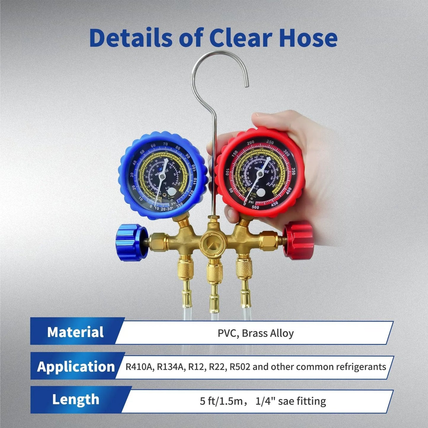Universal 1/4 Inch Refrigerant Charging Hoses Set Of 3, 60 Inch Length, HVAC Hoses With 1/4 Flare Fittings, clear view