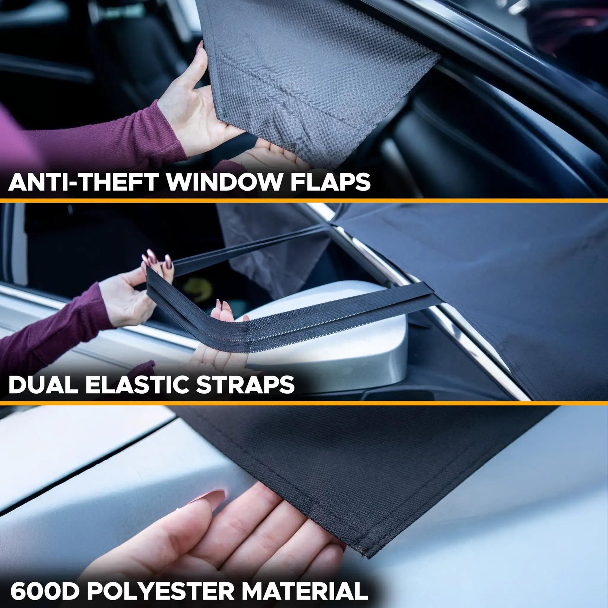 Windshield Cover for Ice and Snow, Heavy Duty 600D Oxford Fabric, Waterproof Frost Shield for Cars SUVs Trucks, close-up view showing anti-theft flaps and dual elastic straps.