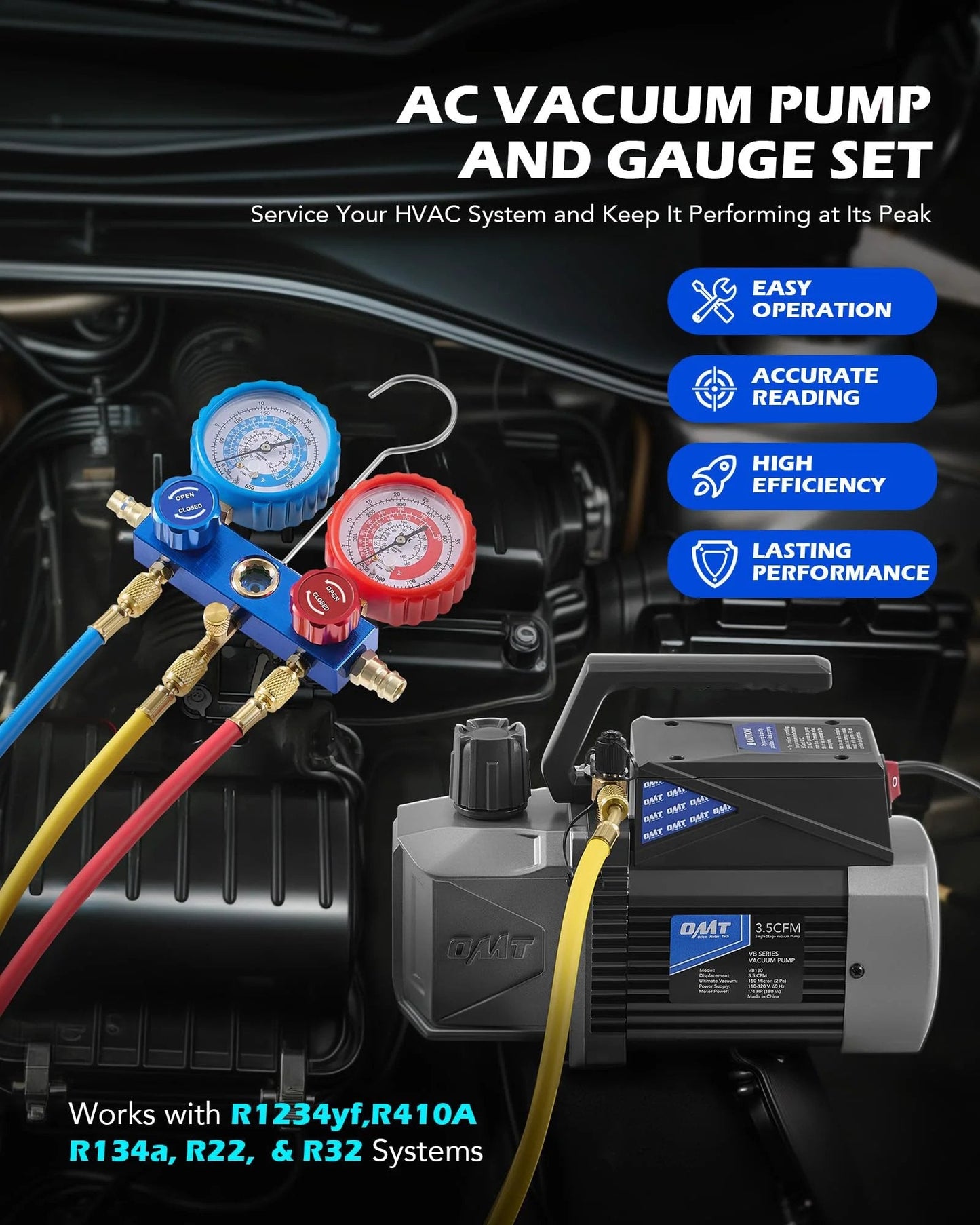 Must Have All In One AC Vacuum Pump And Gauge Kit For R1234yf R32 R134a R410A Systems with 3 Way Gauges in use
