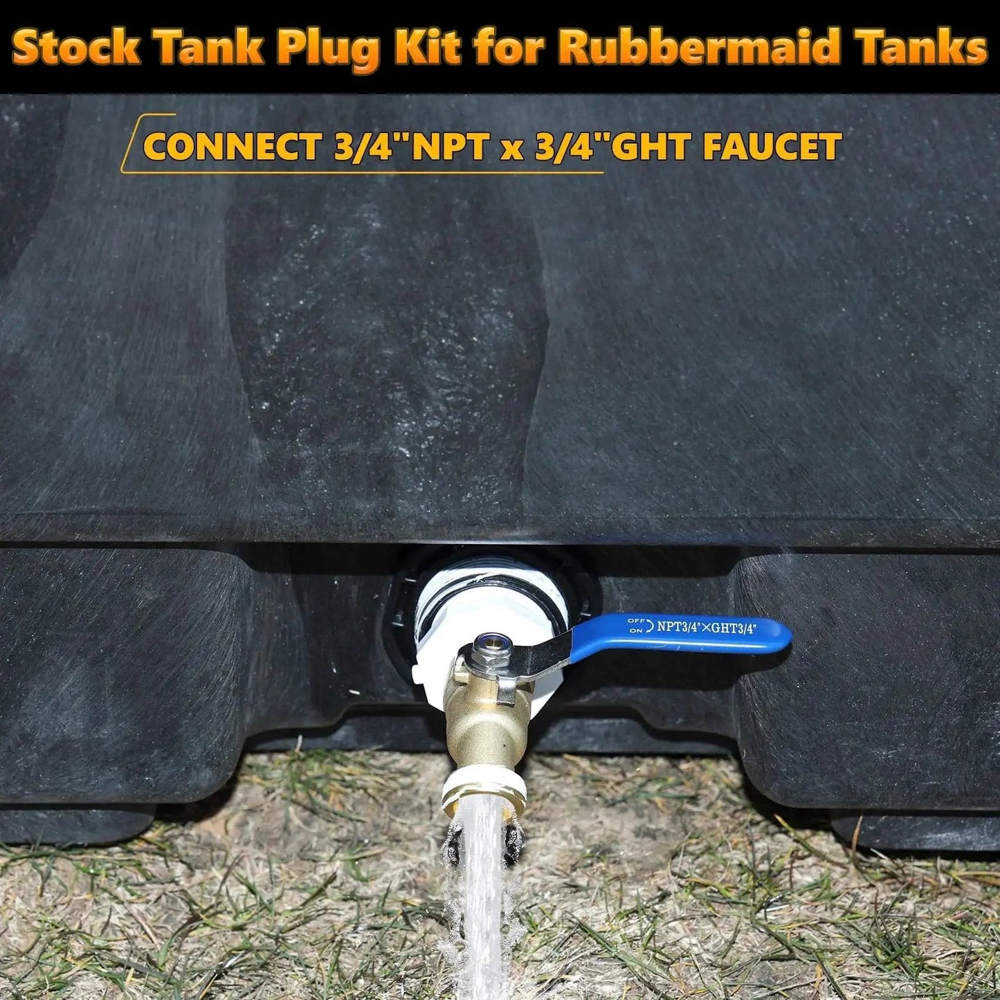Stock Tank Drain Plug Kit Fits 50 70 100 150 300 Gallon Rubbermaid Stock Tanks shown with brass faucet and water flow