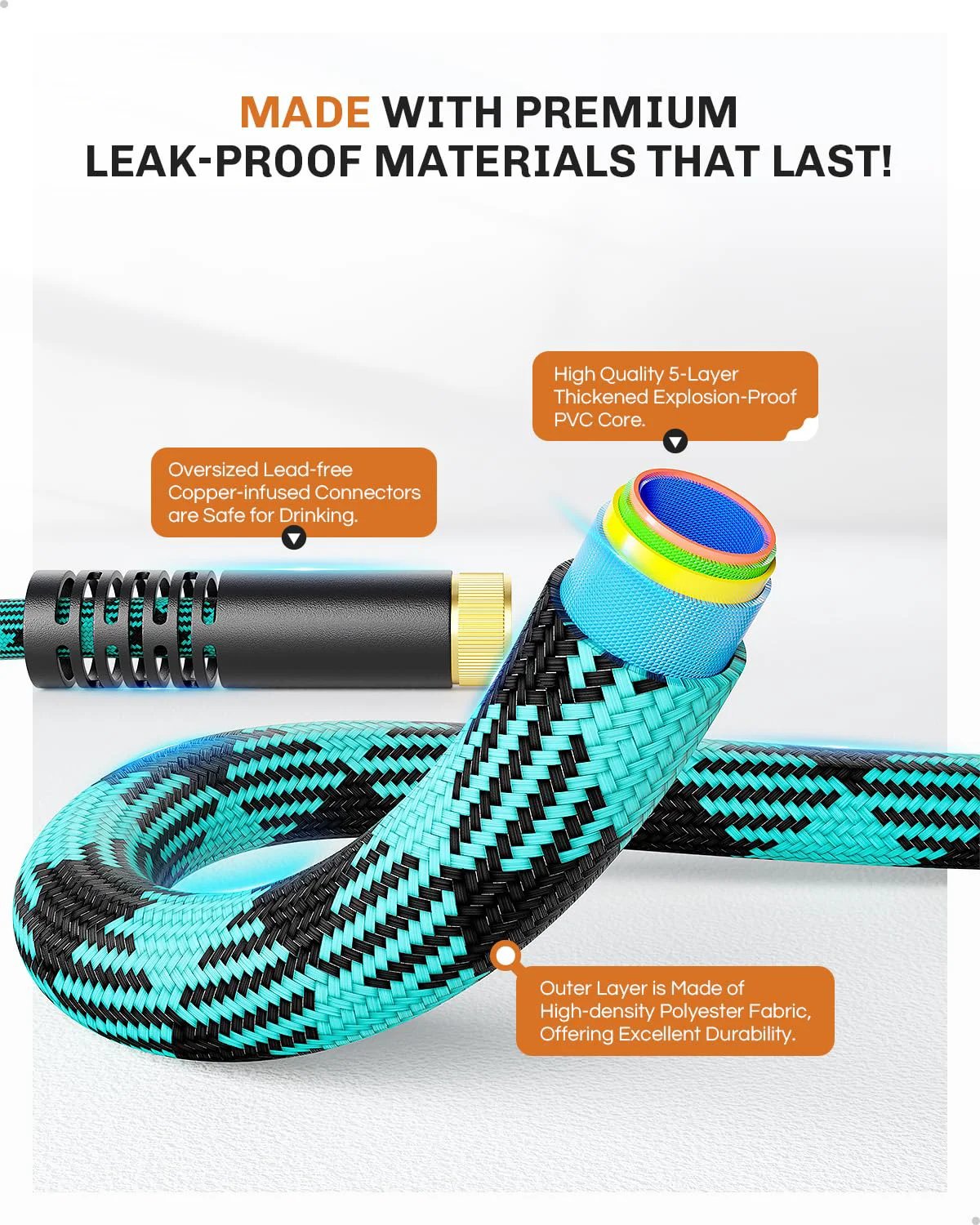 Beefy 50 Ft Garden Hose Non Expanding Flexible Water Hose showing blue-black braided exterior with lead-free connectors