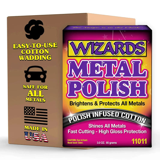 Wizards Metal Polish box and packaging showing metal polish infused cotton, 3oz