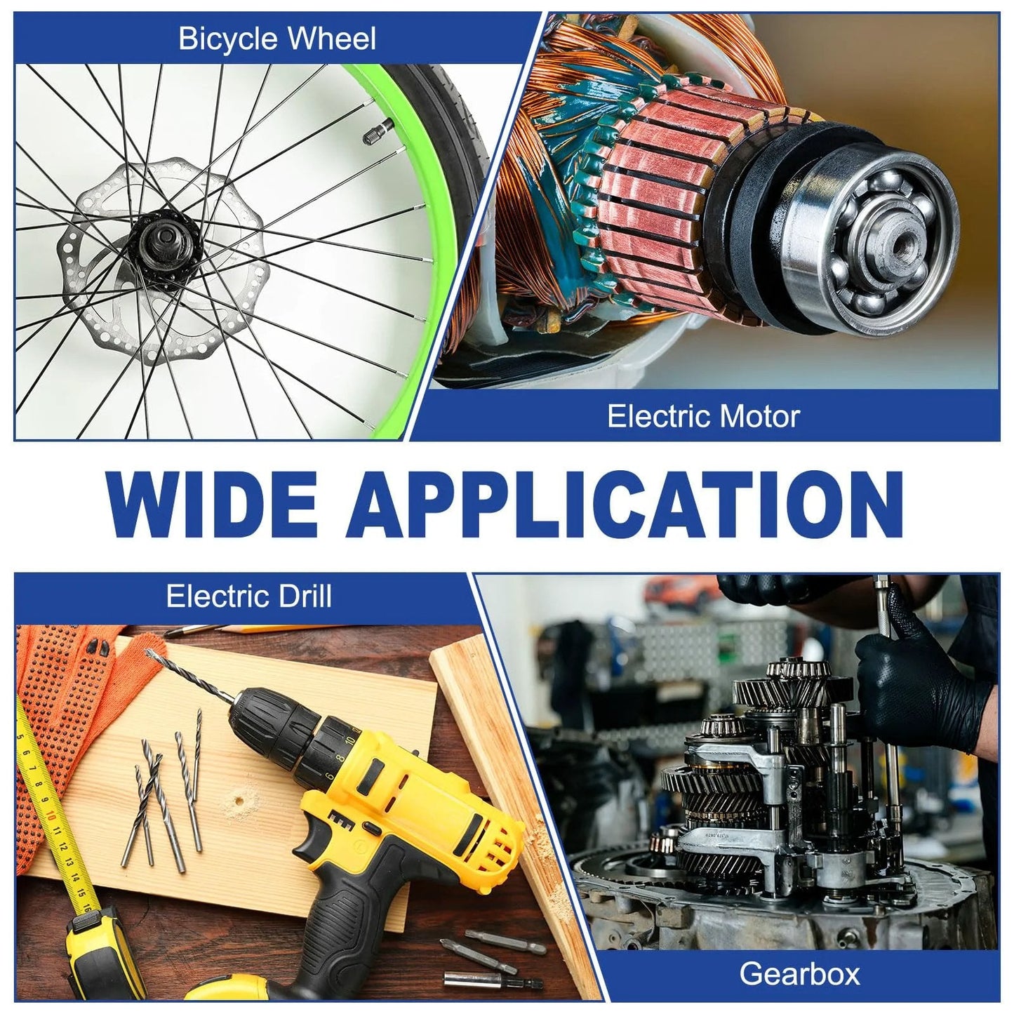Collage of bicycle wheel, electric motor, drill, and gearbox illustrating wide application uses in various settings.