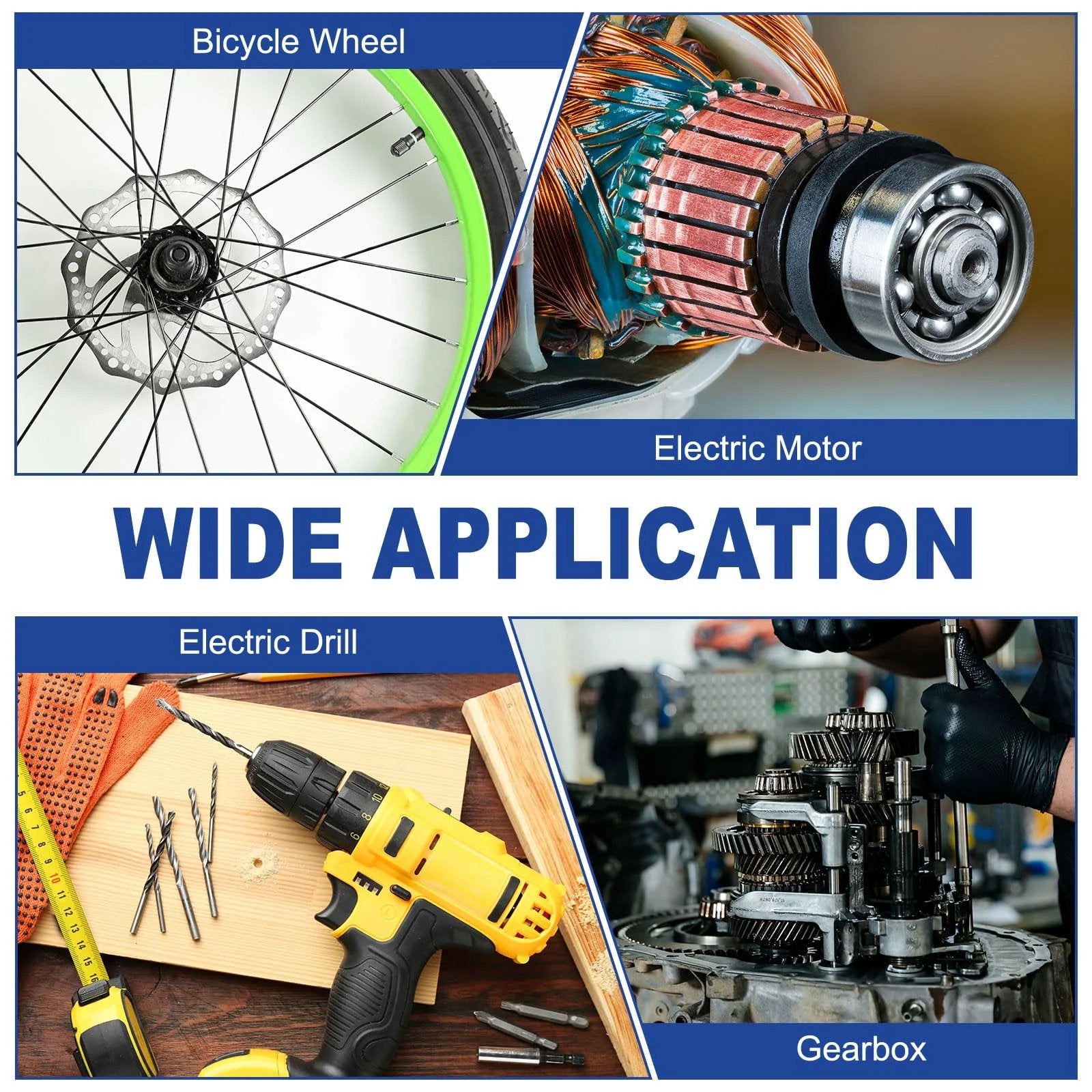 Collage of bicycle wheel, electric motor, drill, and gearbox illustrating wide application uses in various settings.