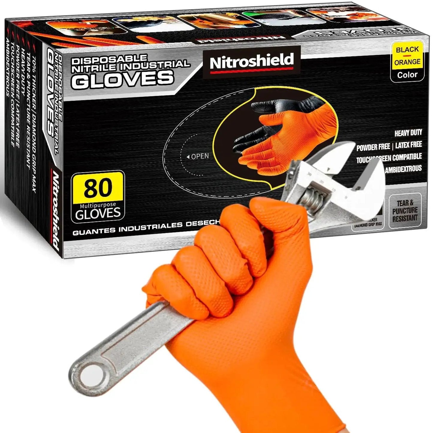 9 Mil Heavy Duty Orange Nitrile Gloves With Raised Diamond Grip Latex Free holding a wrench