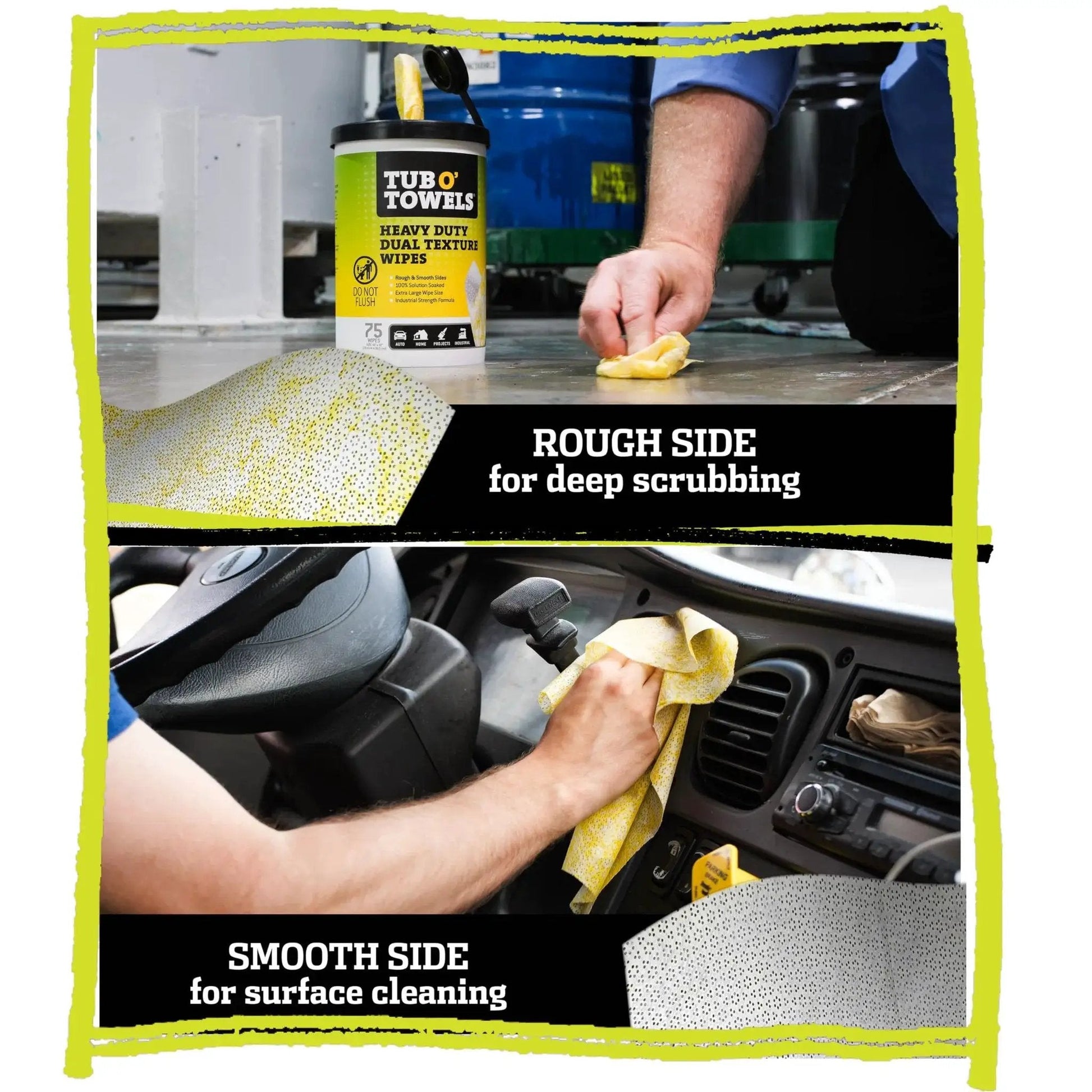 Person cleaning surfaces with Heavy Duty Dual Texture Wipes 10x12 Inches For Multi Surface Use 75 Count 6 Pack, showing rough and smooth sides.