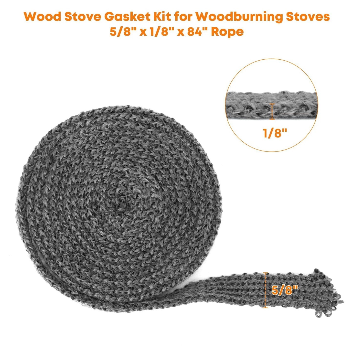 Graphite Impregnated Fiberglass Flat Rope Seal and High Temperature Cement Gasket Kit for Wood Stoves Replacement; coiled 5/8" x 1/8" x 84" rope with size detail shown