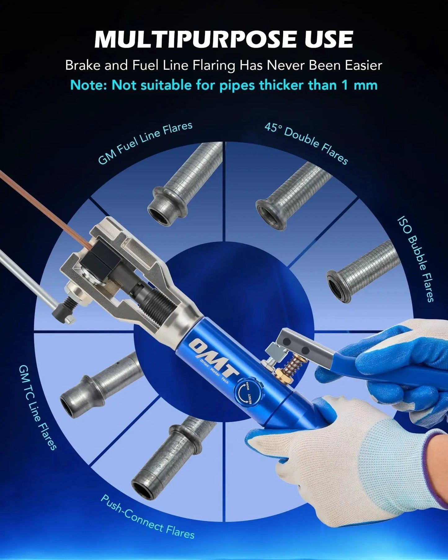 Hands using Universal Hydraulic Flaring Tool Kit With Tubing Cutter And 45 Degree ISO Flare to make automotive tube flares.