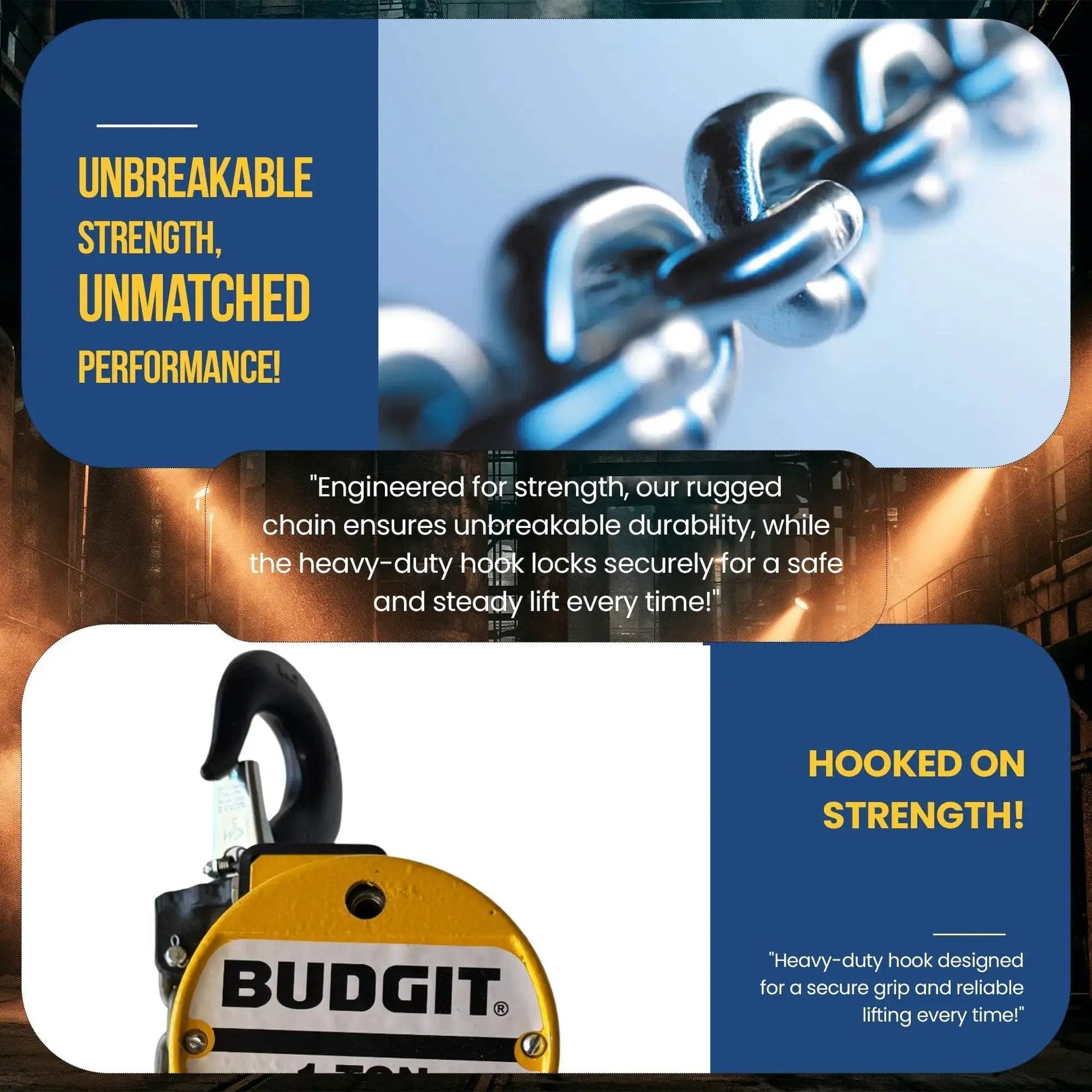 Close-up of 1 Ton Pneumatic Chain Hoist With 20 Ft Lift And Pendant Control showing rugged, durable chain and secure hook design.