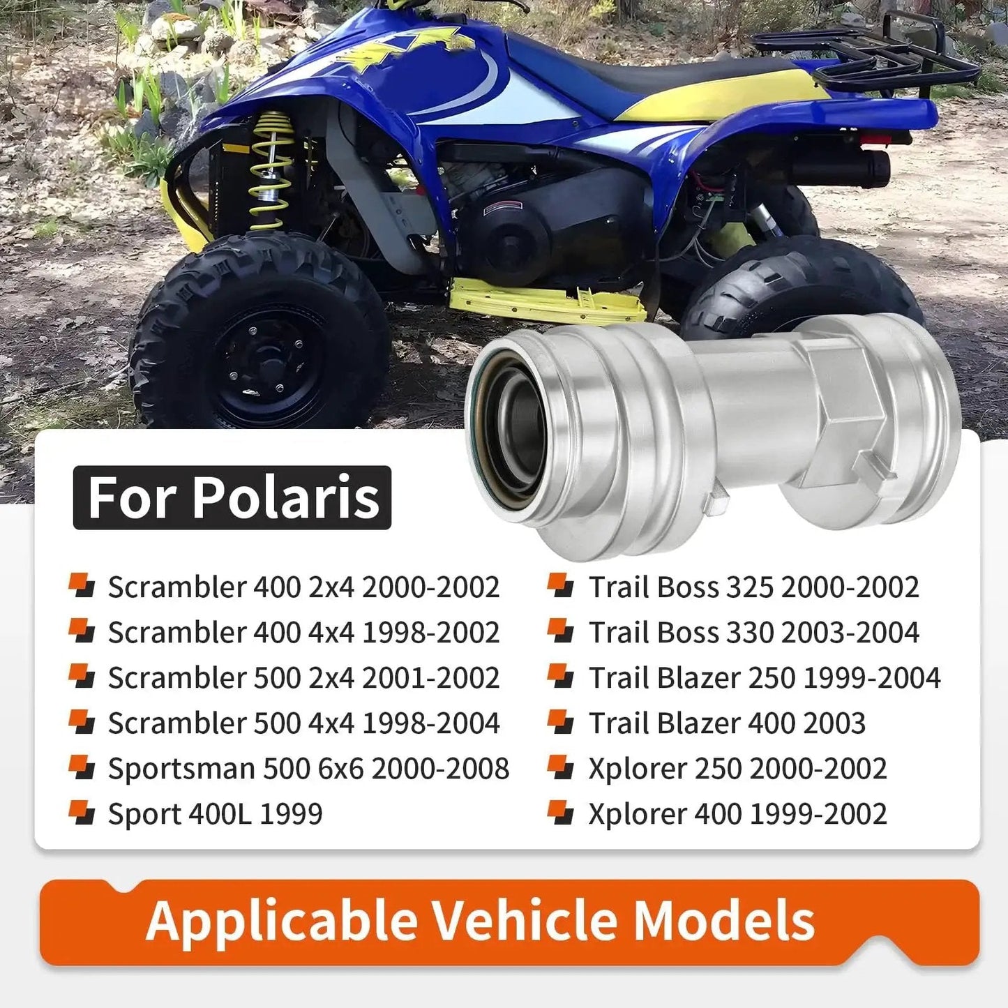 Rear Axle Bearing Housing Carrier Hub For Polaris ATV Heavy Duty Replacement Fits Scrambler 400 2x4 2000 2002 displayed in front of a blue ATV