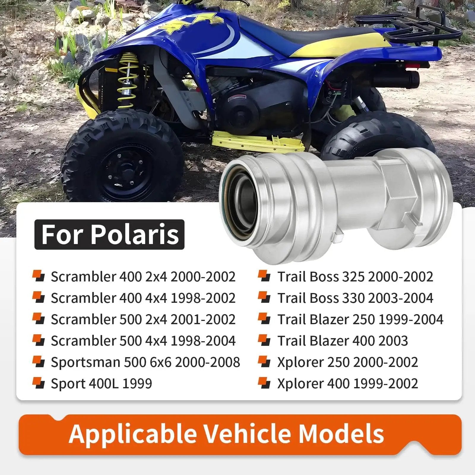 Rear Axle Bearing Housing Carrier Hub For Polaris ATV Heavy Duty Replacement Fits Scrambler 400 2x4 2000 2002 displayed in front of a blue ATV