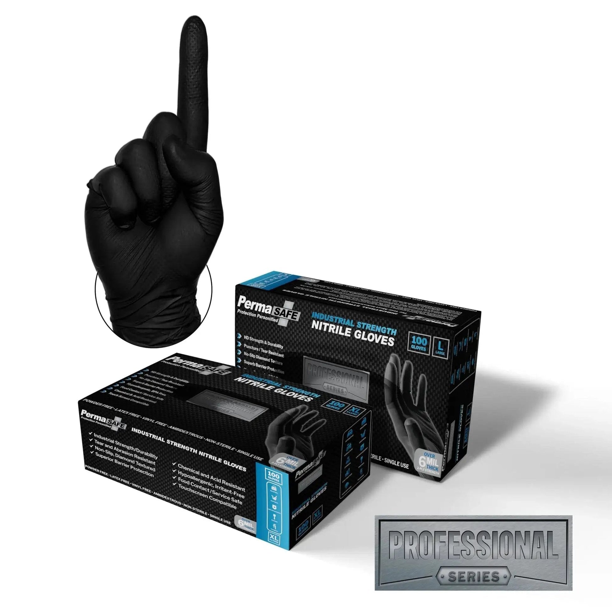 Black Heavy-Duty Nitrile Disposable Gloves 6 Mil Latex-Free Raised Texture Box 100 with glove pointing upwards