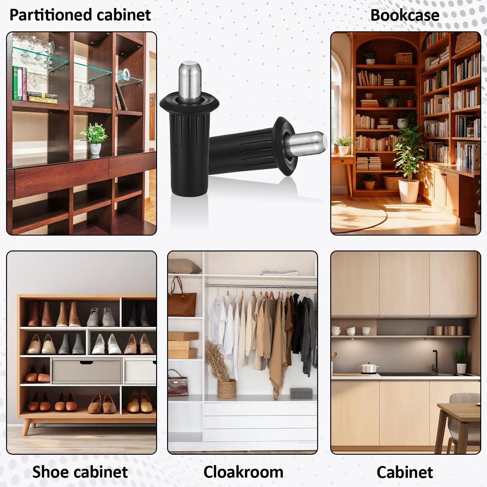 8 Piece Cabinet Door Repair Pins Set For Damper Replacement And Furniture Fittings with image of various cabinets and pins.
