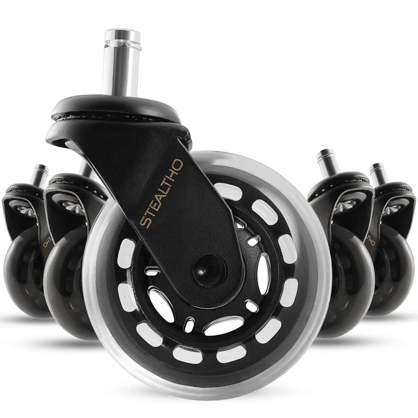Replacement Office Chair Wheels Set Of 5 With ABEC 9 Precision Bearings Crystal Soft Polyurethane Hardwood Floor And Carpet Safe Heavy Duty Casters Standard Fit 7/16 By 7/8 Inch Up To 550 Lb Capacity front view.