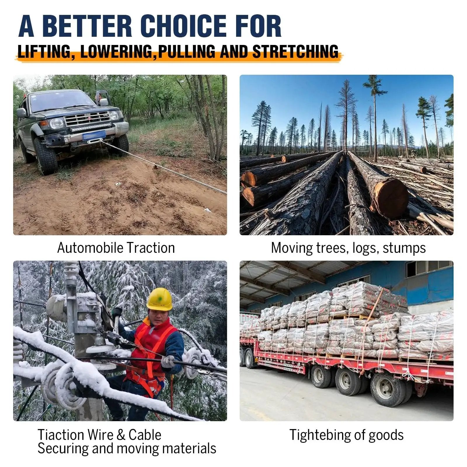 Collage showing uses of 5 Ton Come Along Winch With Dual Gear Ratchet For Vehicle Recovery 12ft Cable: vehicle, logging, construction.