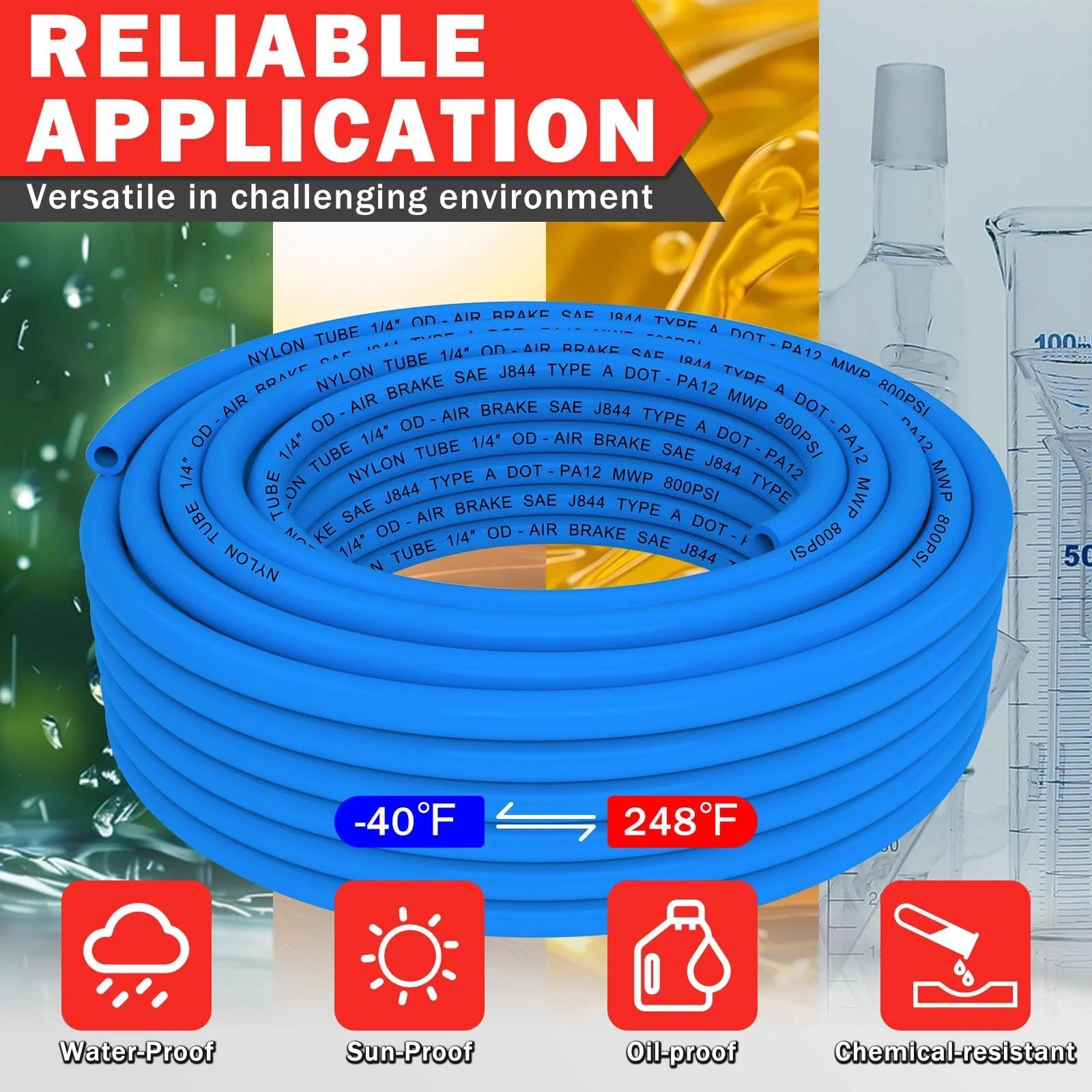 Brass DOT Air Line Fittings Kit With 100 Feet Of One Quarter Inch And 50 Feet Of Three Eighths Inch Blue DOT Tubing Push Lock Quick Connect Pneumatic Set Including Brass Tee And Straight Fittings Elbows Schrader Valves And Tube Cutters shown with blue tubing.