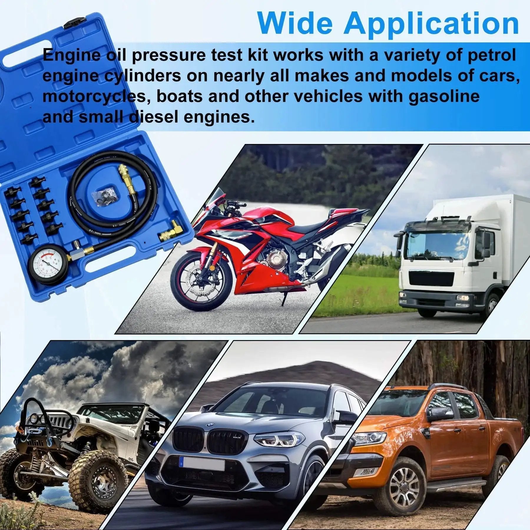 Oil Pressure Tester Tool Kit 0-140 PSI Gauge For Fuel System Diagnostics And Engine Check With Hose Adapters in blue case