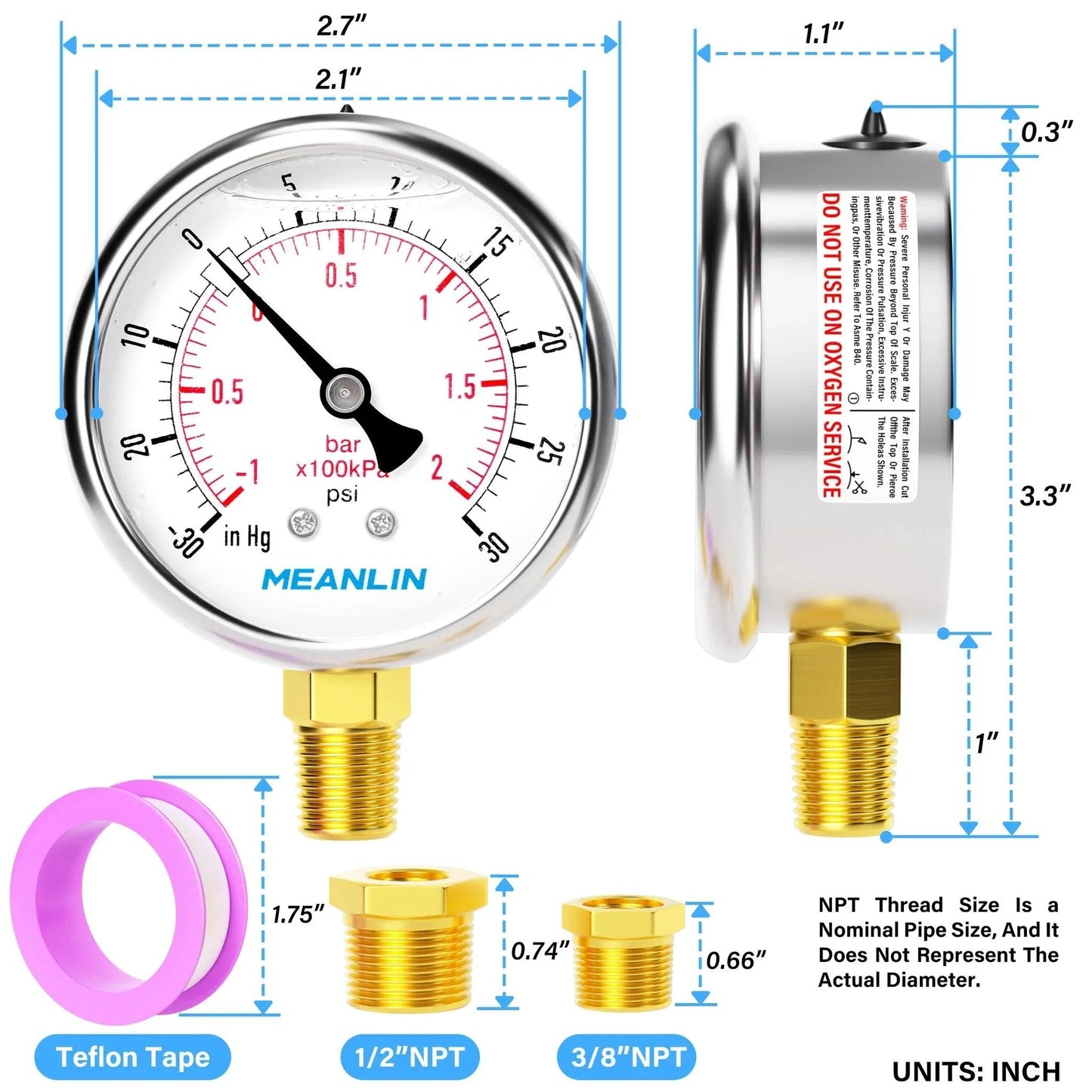 Stainless Steel Liquid Filled Vacuum And Pressure Gauge With Two And A Half Inch Dial, Lower Mount, One Quarter Inch NPT Inlet