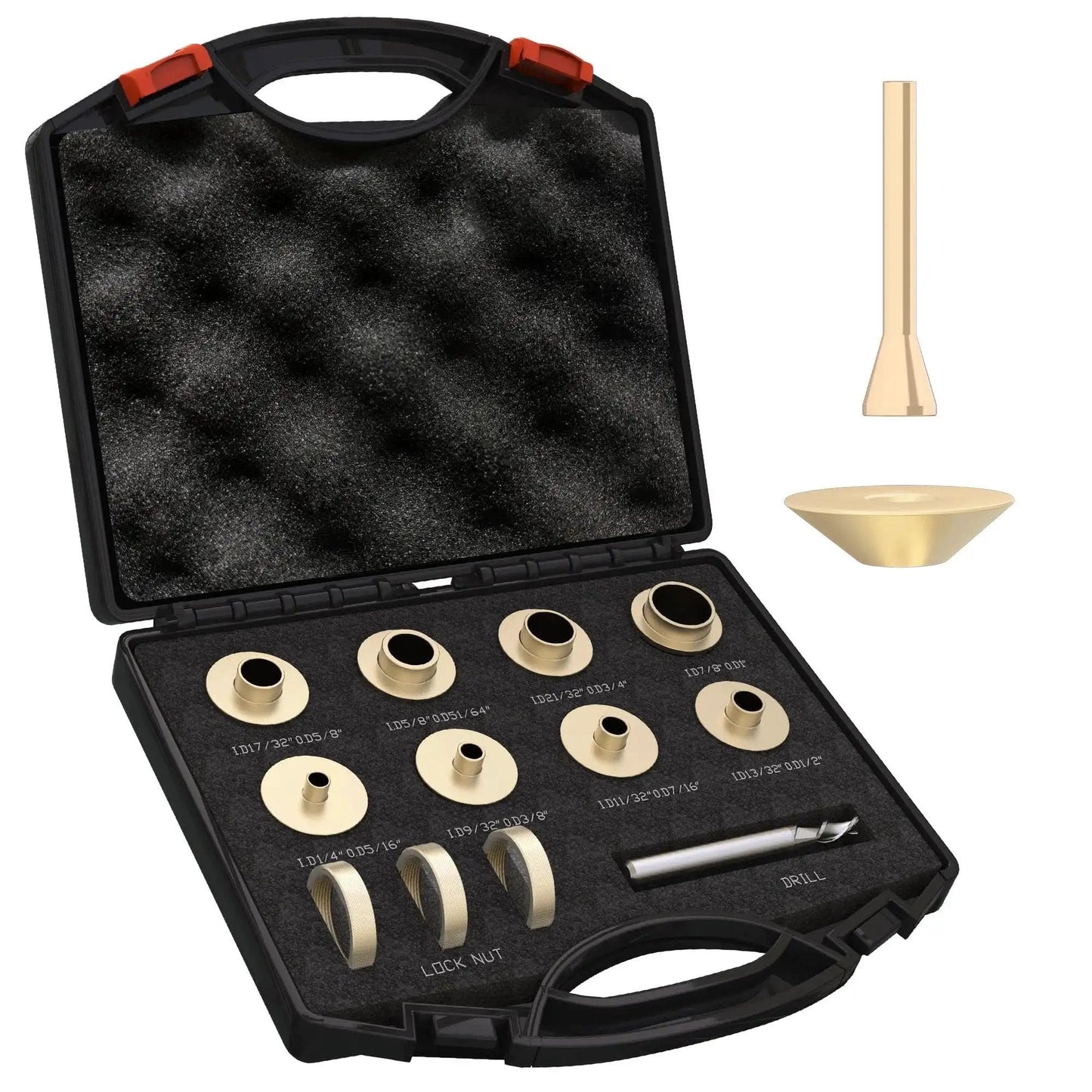 Premium 13 Piece Brass Router Template Bushing Set With Centering Cone For Any Router Sub Base In Porter Cable Style shown in case
