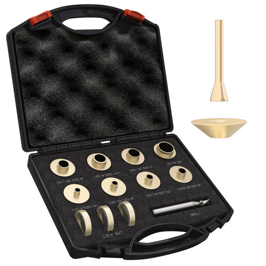 Premium 13 Piece Brass Router Template Bushing Set With Centering Cone For Any Router Sub Base In Porter Cable Style shown in case