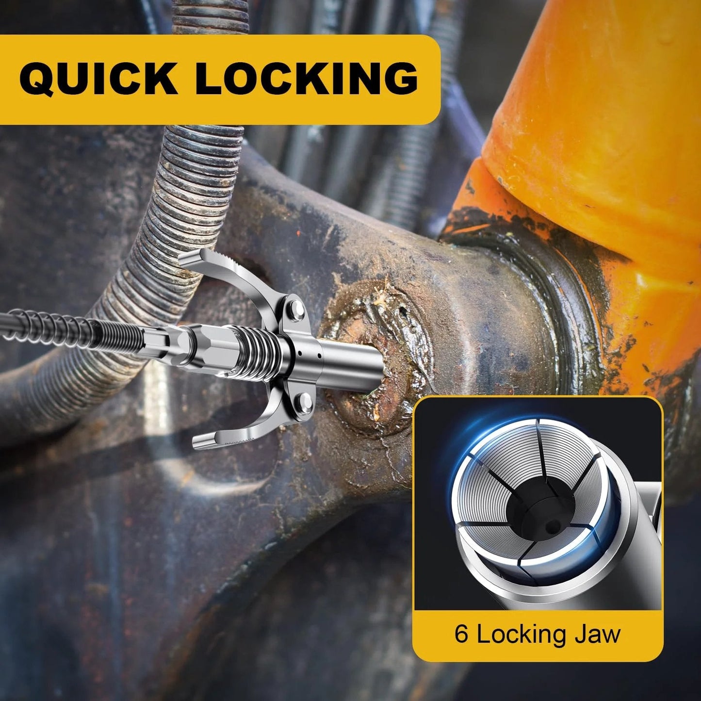 8000 PSI Grease Gun Kit With Leak Proof Pistol Grip And Lock Coupler in use on machinery with 18 Inch Spring Flex Hose
