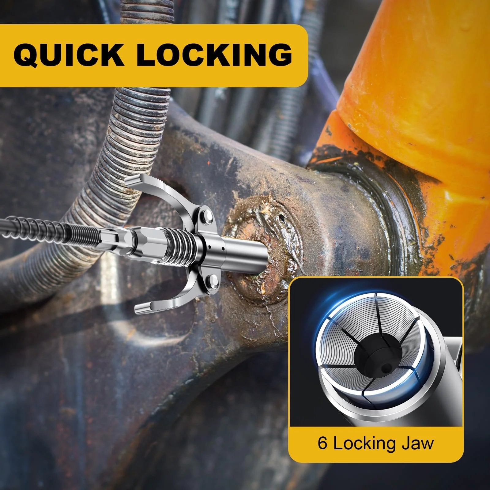 8000 PSI Grease Gun Kit With Leak Proof Pistol Grip And Lock Coupler in use on machinery with 18 Inch Spring Flex Hose