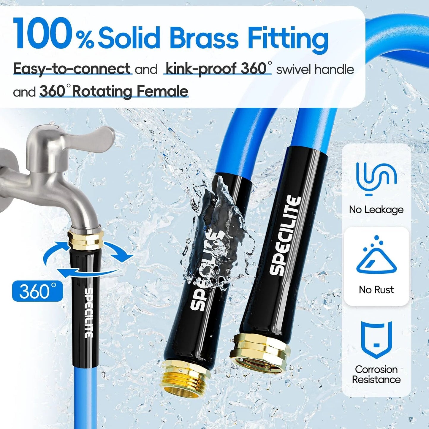 Tough As Nails Heavy Duty Garden Hose 50 Feet Long 5 Eighth Inch Diameter Hot Cold Water Flexible Rubber Hose With Three Quarter Inch Brass Fittings Burst Pressure 605 PSI Lightweight Blue For Backyard Outdoor Farm Minus Fifty To One Hundred Ninety showing brass fittings and kink-proof design