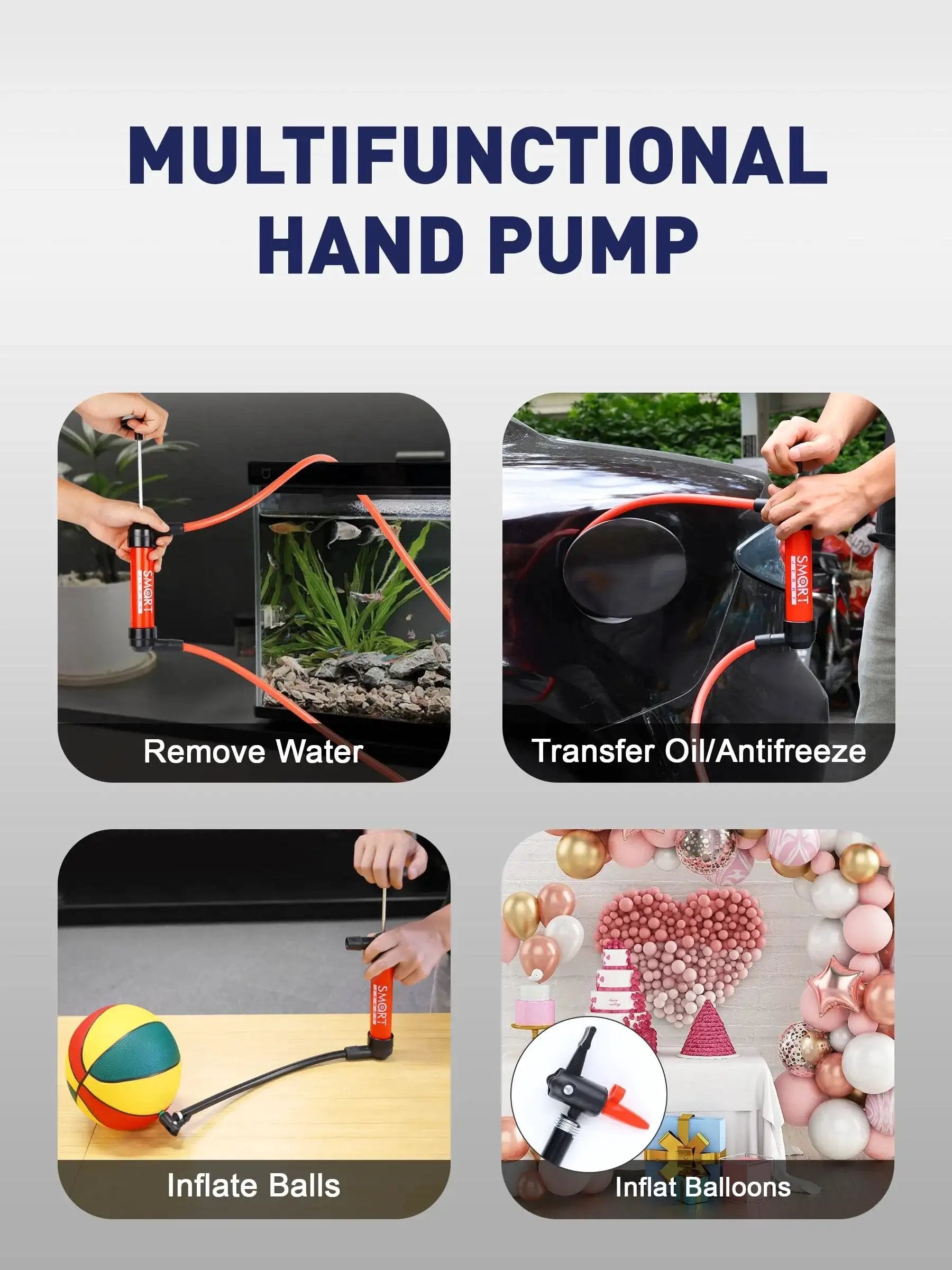 Hand Fluid Transfer Pump Siphon For Gas Oil RV Antifreeze Lawn Mower Fish Tank shown in various uses including water removal and inflating