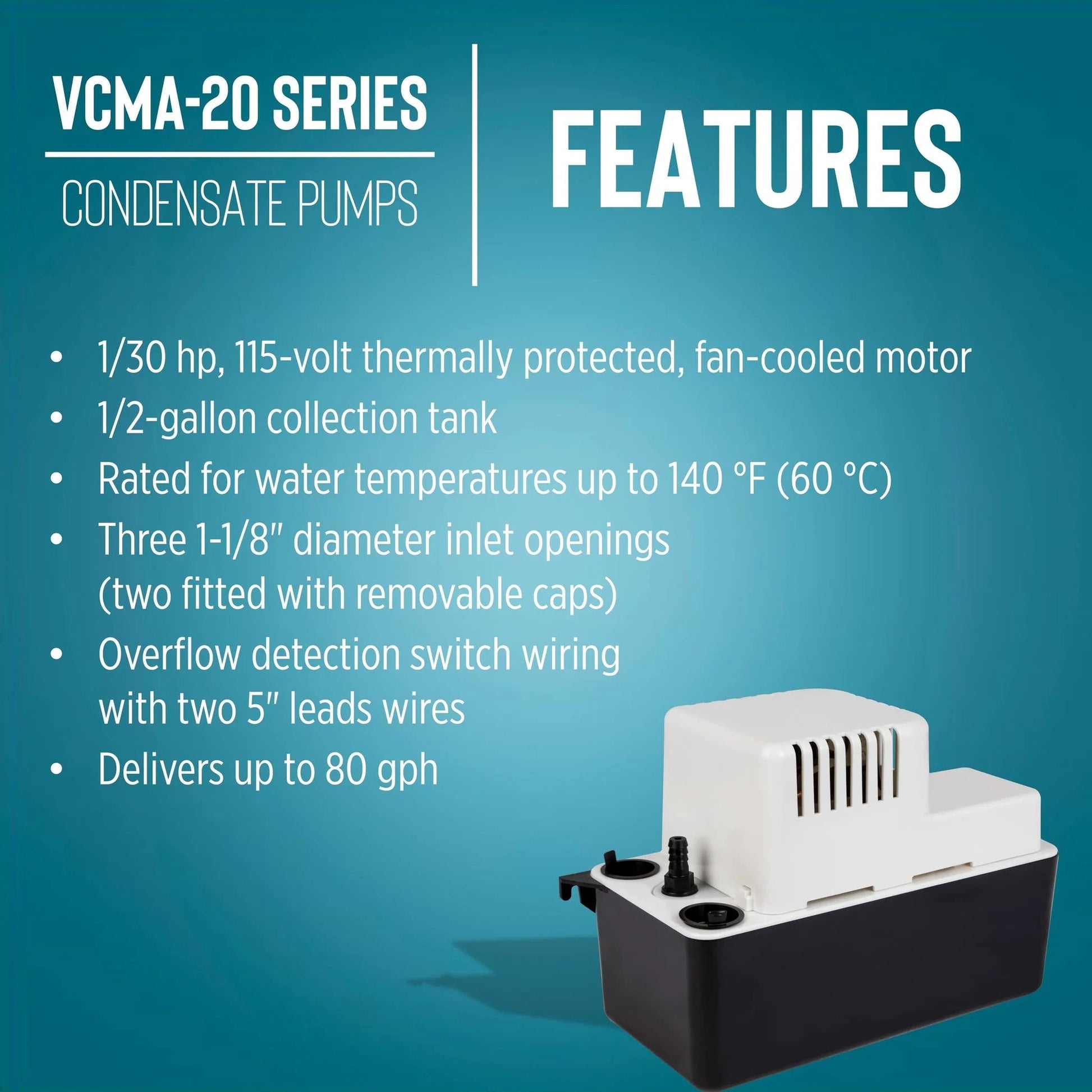 Automatic Condensate Removal Pump for HVAC Refrigeration and Dehumidifiers With Overflow Detection Switch No Fuss VCMA 20ULST