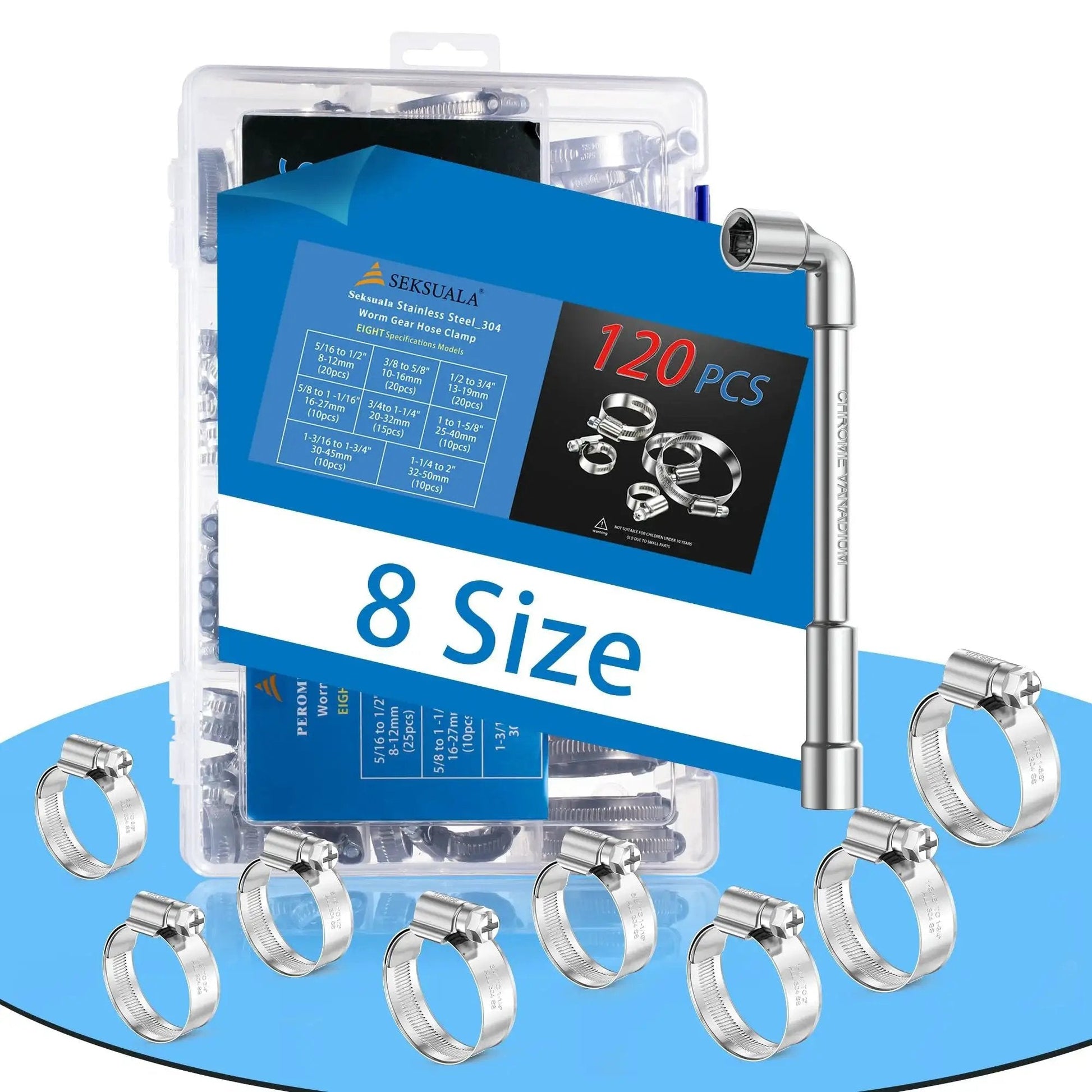 Heavy Duty 120Pc Hose Clamp Set With 304 Stainless Steel Worm Gear Drive Clamps, box with clamps displayed