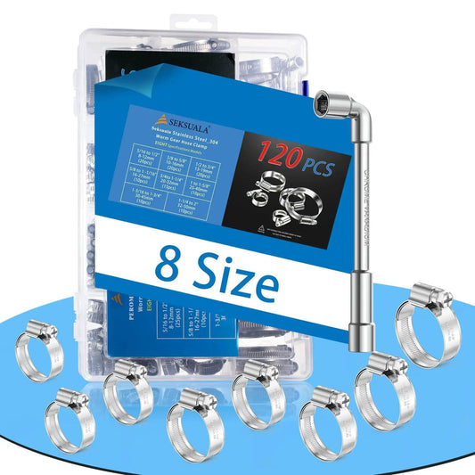 Heavy Duty 120Pc Hose Clamp Set With 304 Stainless Steel Worm Gear Drive Clamps, box with clamps displayed
