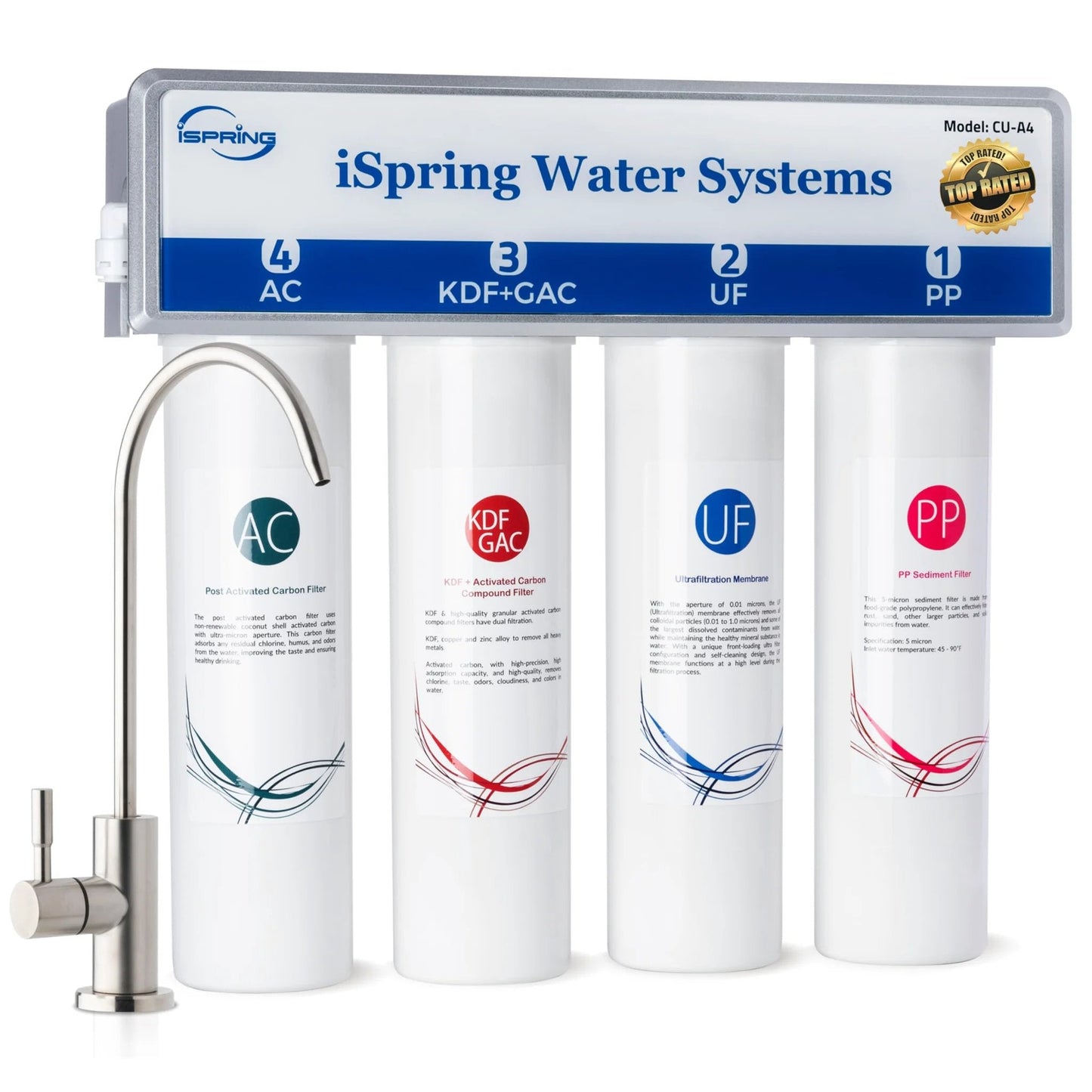 Front view of Under Sink Ultra Filtration System With 0.01 Micron UF 4 Stage Tankless High Capacity Removes Up To 99.99 Percent Contaminants No RO Drama Easy Change Filters Brushed Nickel Faucet Included White Finish iSpring.