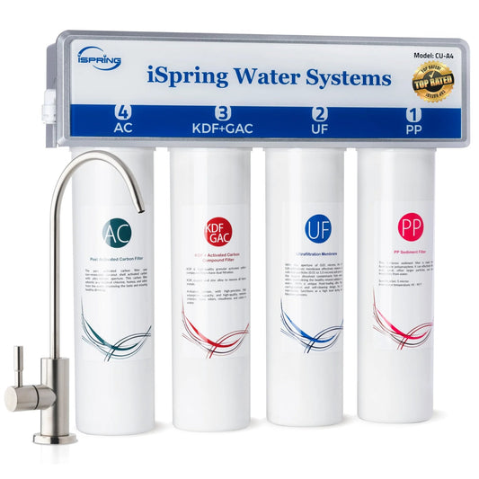 Front view of Under Sink Ultra Filtration System With 0.01 Micron UF 4 Stage Tankless High Capacity Removes Up To 99.99 Percent Contaminants No RO Drama Easy Change Filters Brushed Nickel Faucet Included White Finish iSpring.