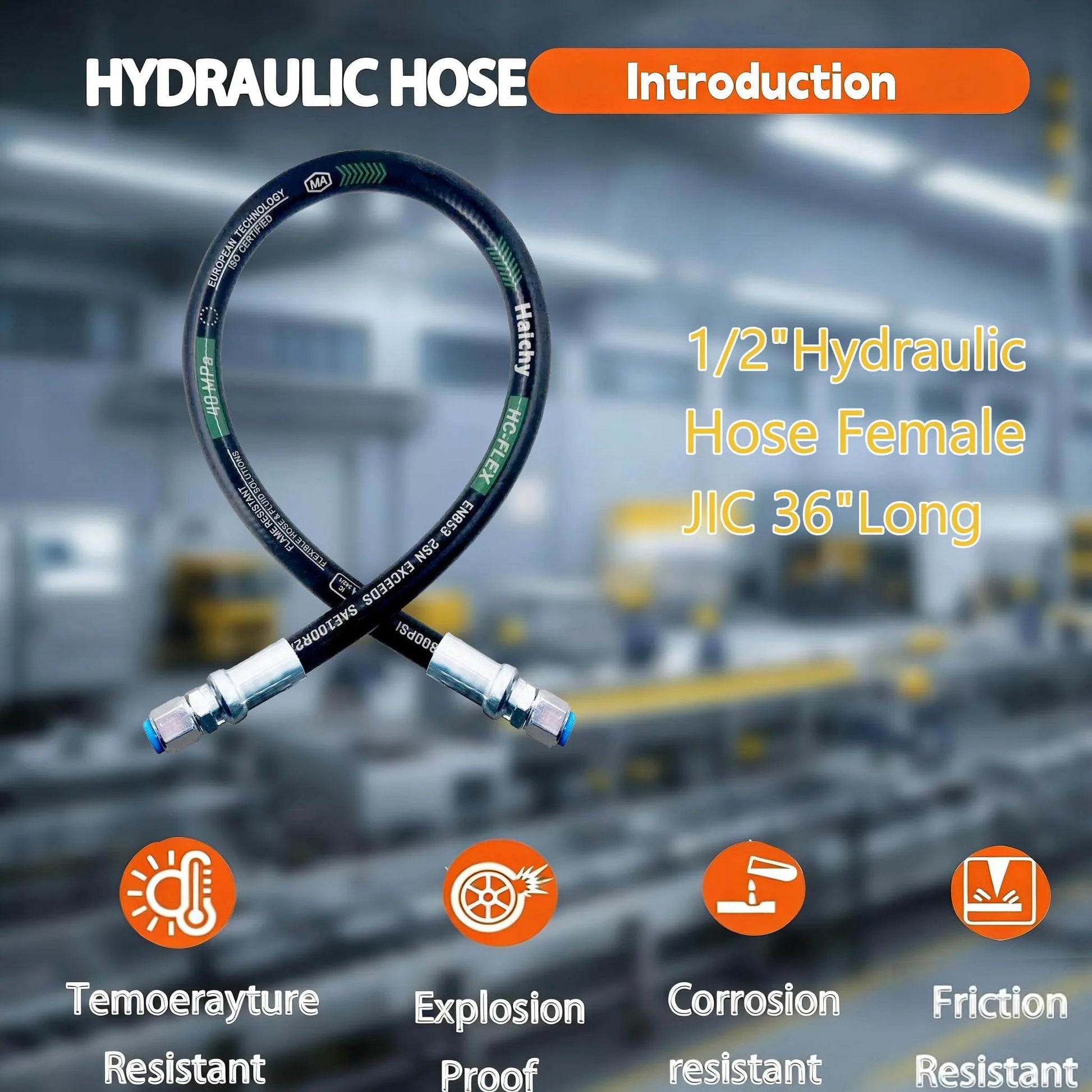 Hydraulic Hose Swivel Assembly 1/2 Inch Hose With Female JIC To Female JIC, 36 Inch Long, industrial background.
