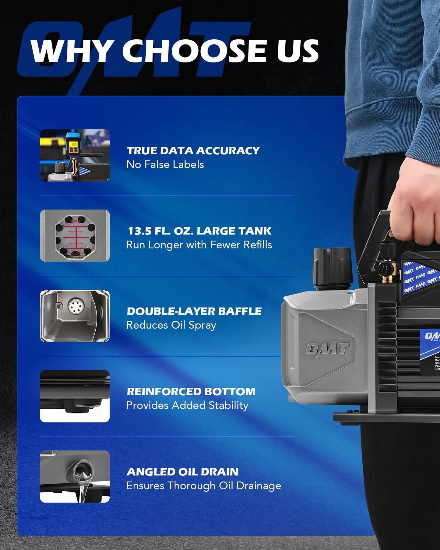 Must Have All In One AC Vacuum Pump And Gauge Kit features, with 13.5 fl oz tank, reinforced bottom, and angled oil drain