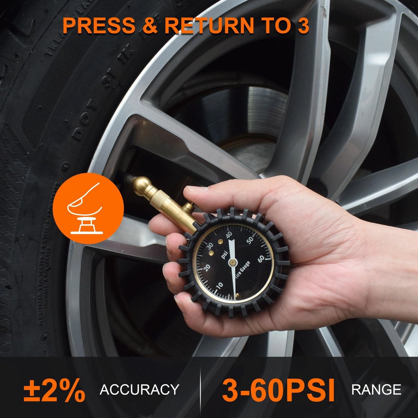 Glowing Dial Tire Pressure Gauge for Cars 60 PSI with Illuminescent 2 Inch Dial and ANSI B40.1 Grade B Accuracy in use