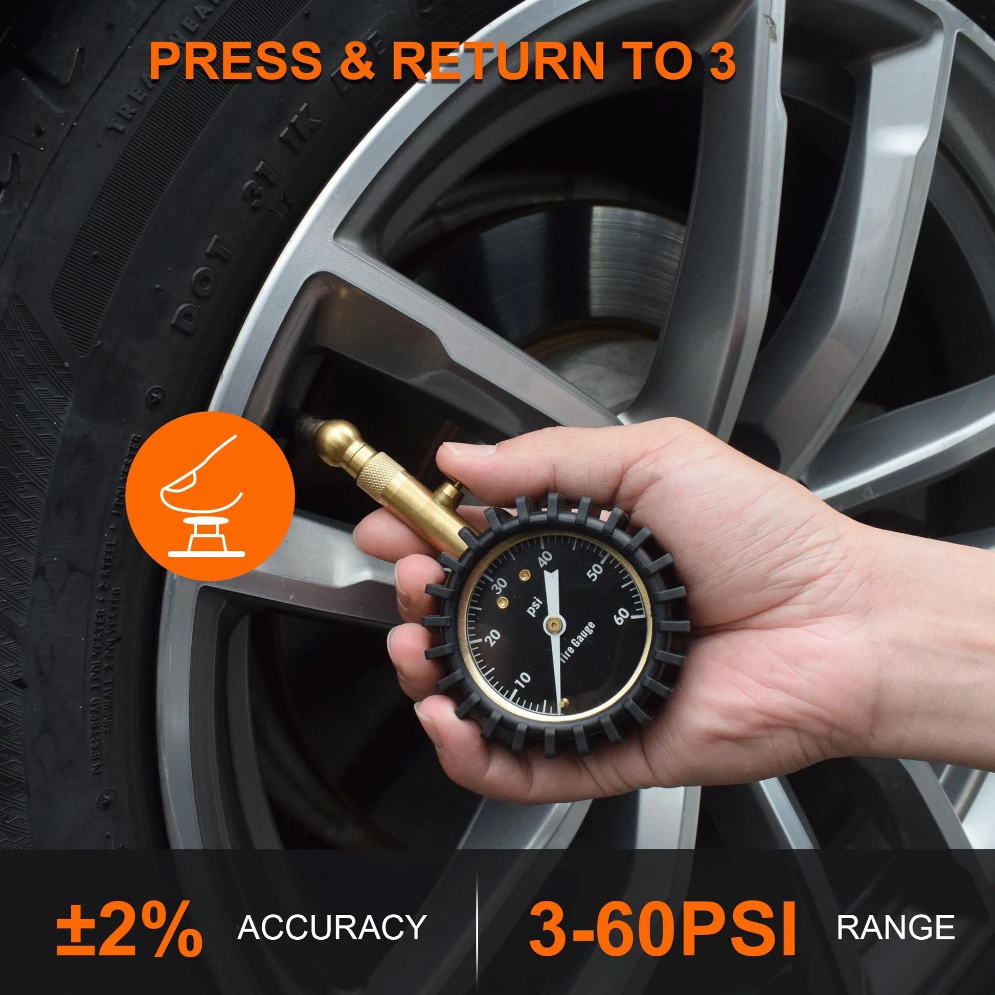 Glowing Dial Tire Pressure Gauge for Cars 60 PSI with Illuminescent 2 Inch Dial and ANSI B40.1 Grade B Accuracy in use