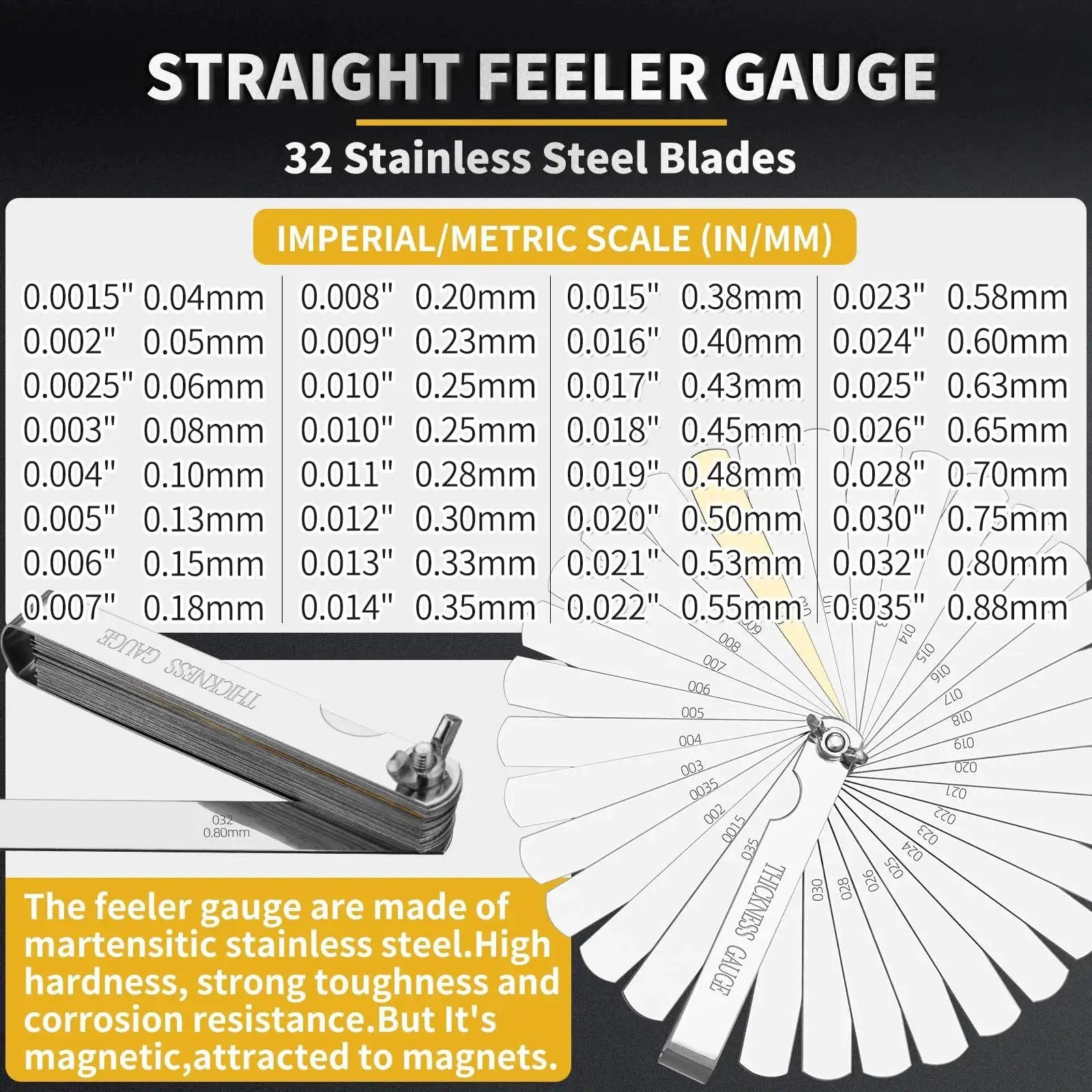 Premium Stainless Steel Feeler Gauge Set For Valves With Straight And Angled Blades For Automotive Work Two Piece Kit With Inch And Metric Measurements 48 Blades Total 32 Straight And 16 Angled Blades Gauge Tool For Gap Checking And Valve Clearance - close-up of blade set with measurement chart.