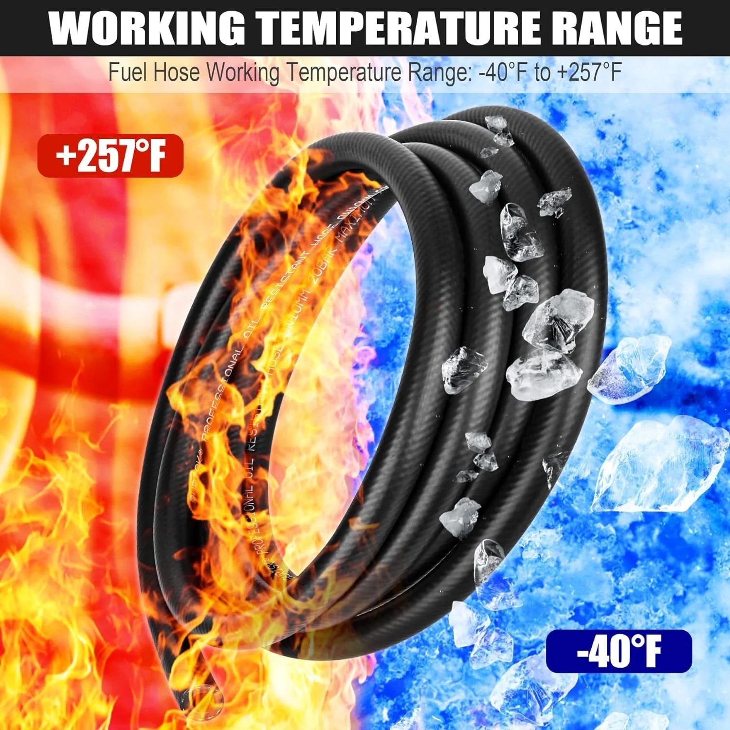 Three Eighths Inch ID Fuel Line Hose 10 Ft NBR Rubber Heavy Duty High Pressure 300 PSI showing working temperature range