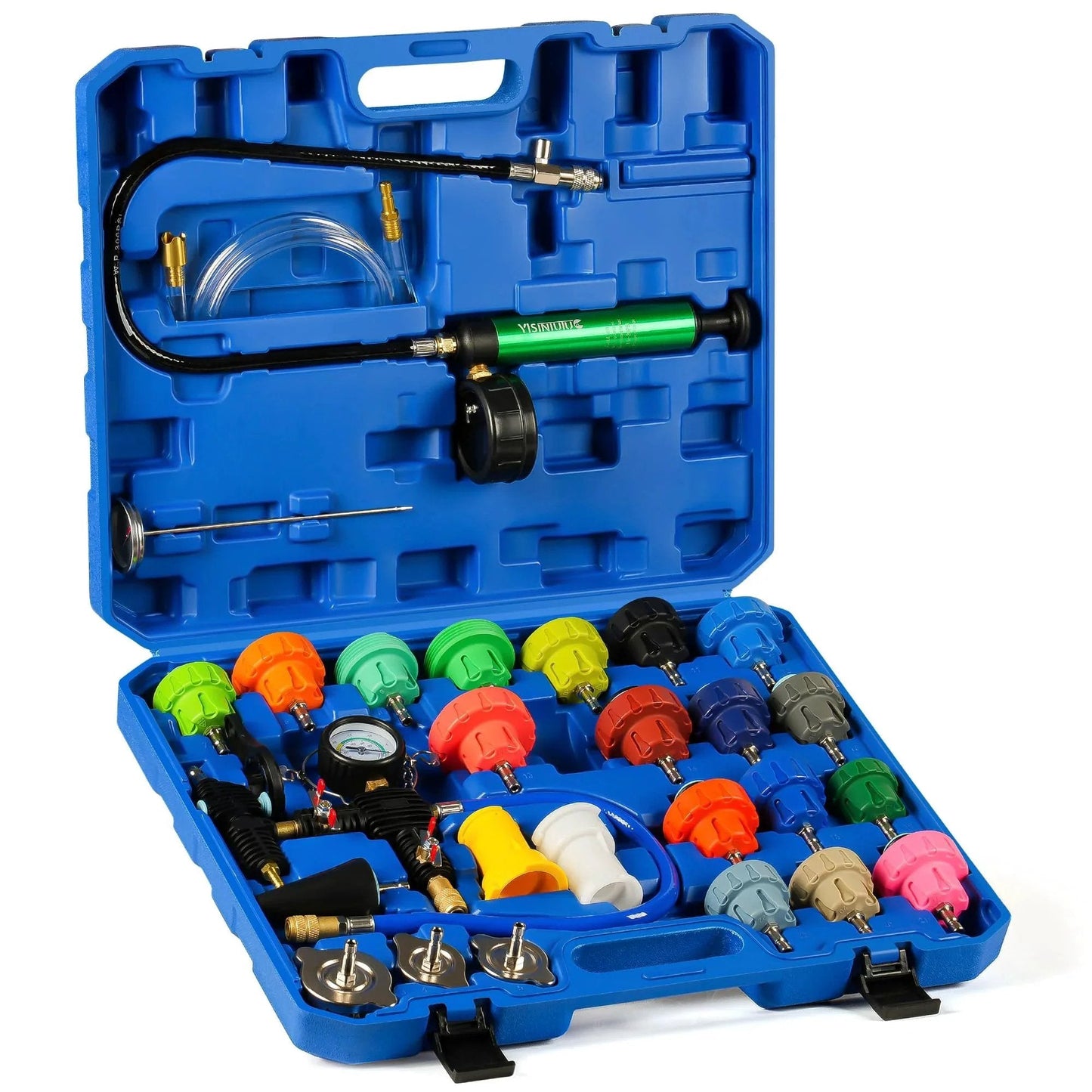 Open blue case showing Universal 28pc Radiator Pressure Tester Kit YISINIUTUO with various colored test caps and vacuum pump.