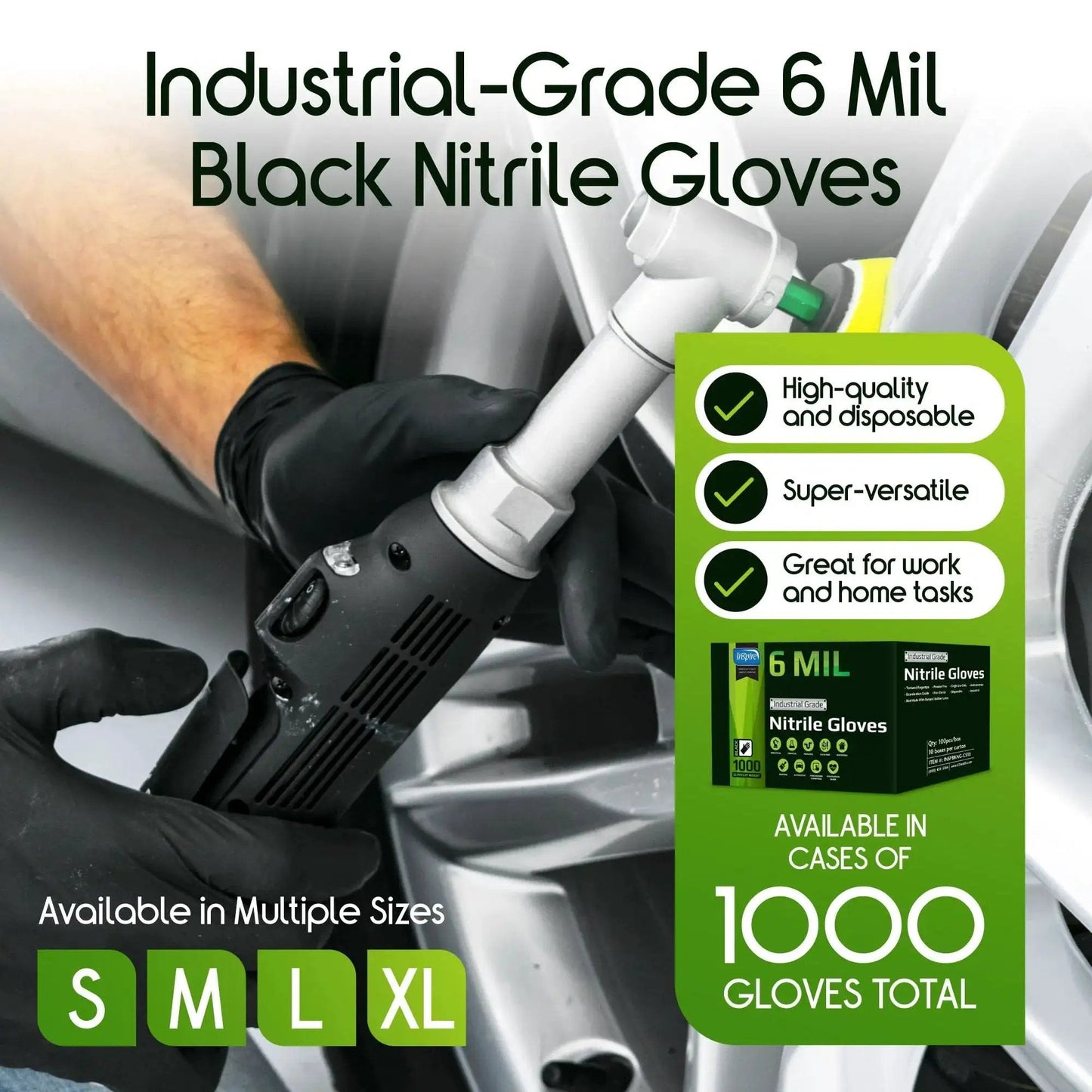 Heavy Duty 6 Mil Black Nitrile Gloves Latex Free For Industrial Food Tattoo holding power tool near machinery