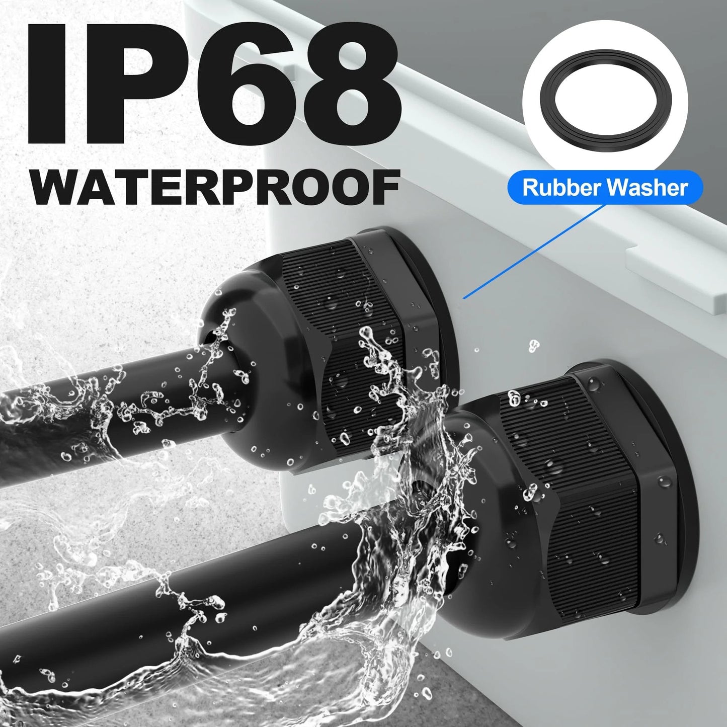 72 Piece Cable Glands Kit Waterproof Strain Relief Cord Grip Weatherproof Pass Through PG7 One Quarter Inch One Half Inch Three Quarter Inch One Inch NPT Wire Grommets With Extra Long 15mm Thread For Thick Electrical Boxes showing IP68 waterproof feature with rubber washer in use.
